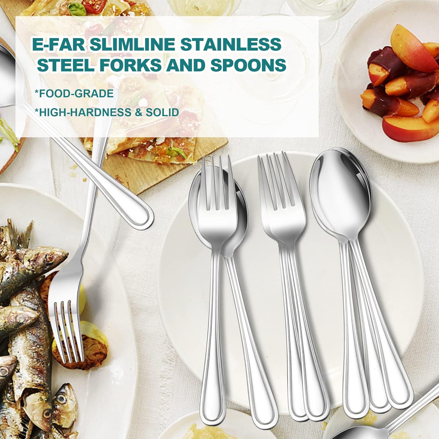 E-far – Juego de 16 cucharas y tenedores de acero inoxidable, 8 tenedores y 8 cucharas de cena, cubiertos de metal modernos para cocina y