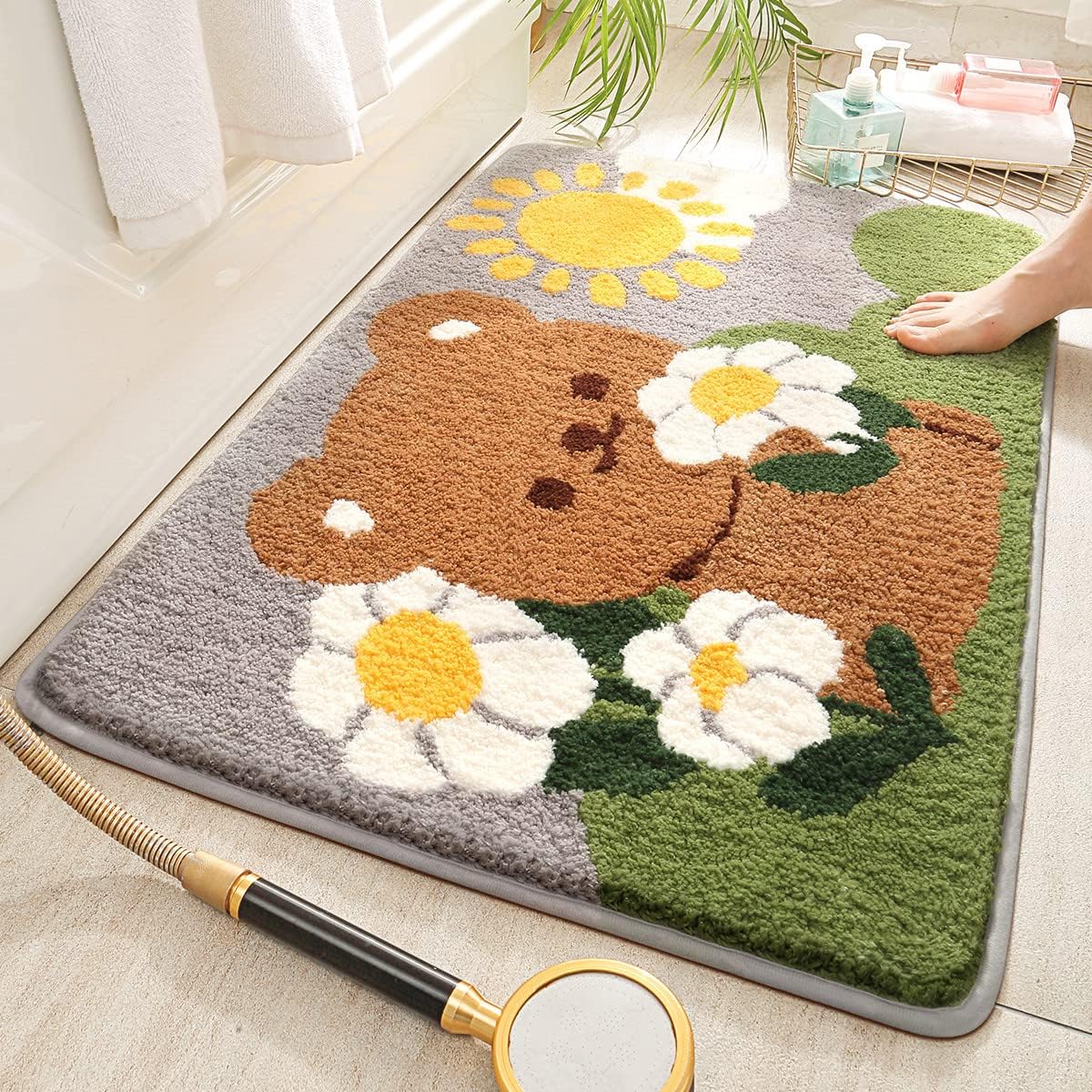 Tyrafry Bonita alfombra de baño de 16 x 24 pulgadas, tapete de oso para baño y dormitorio, antideslizante, absorbente, suave, tapete de baño peludo,