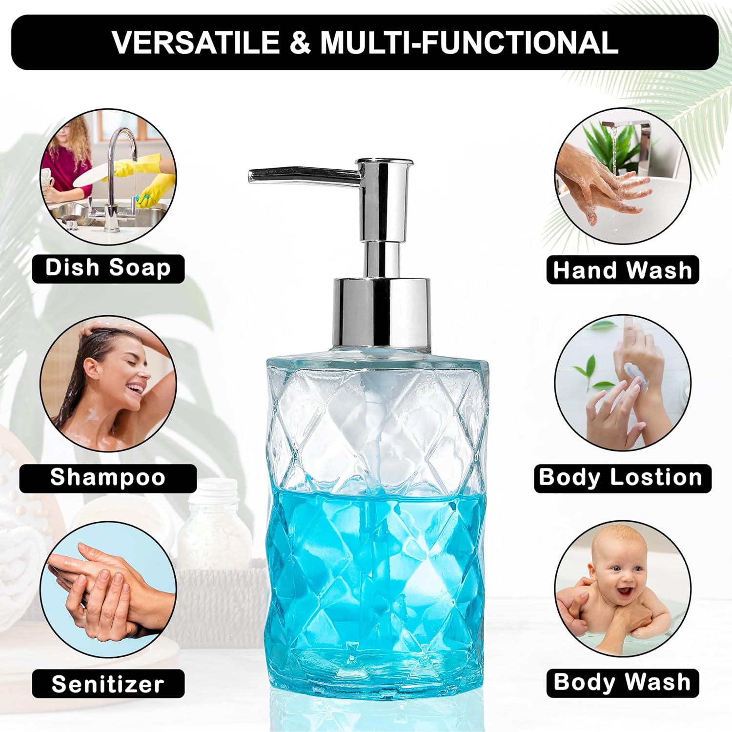 Dispensador de jabón de vidrio de 12 onzas para cocina, regalos para mamá, dispensador de jabón de manos para baño con bomba a prueba de óxido,