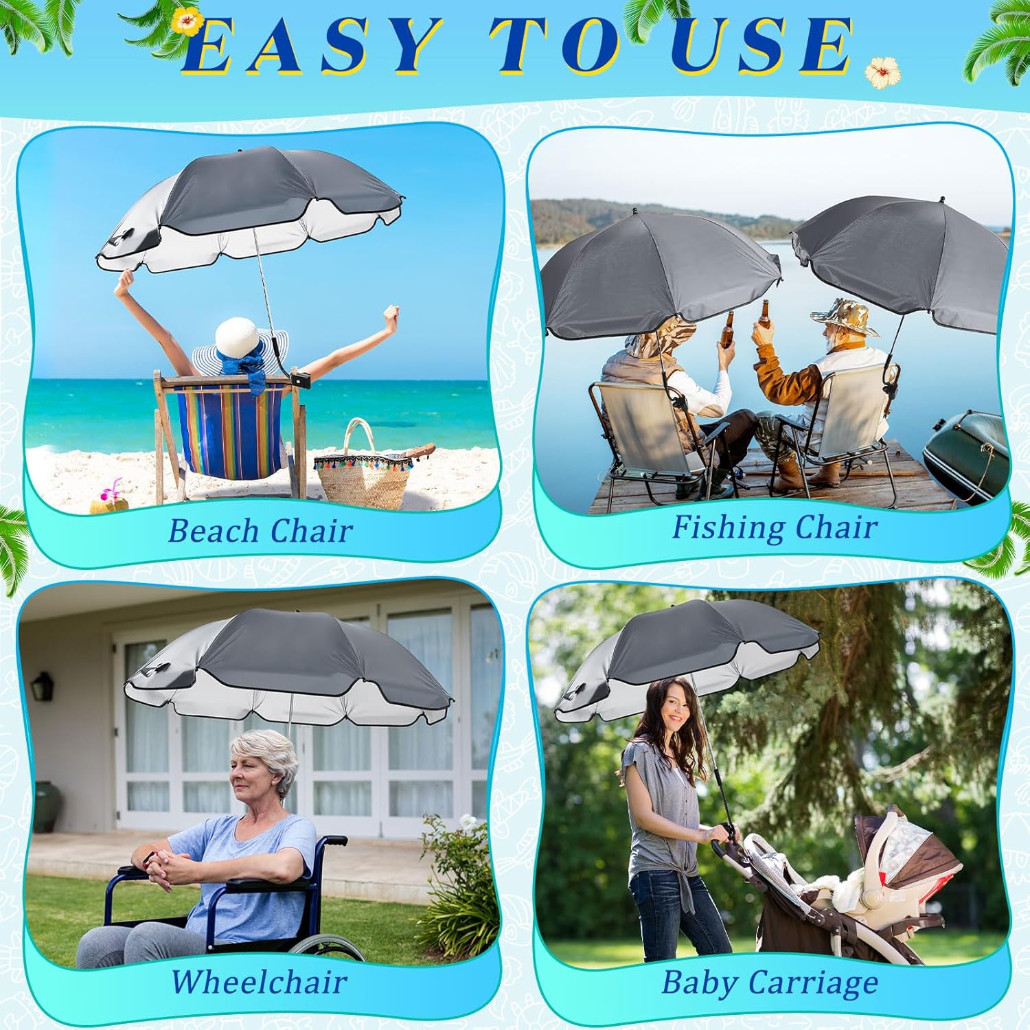 Buryeah Paraguas para silla con abrazadera universal de 43 pulgadas, UPF 50+, abrazadera portátil, sombrilla de playa para silla de ruedas