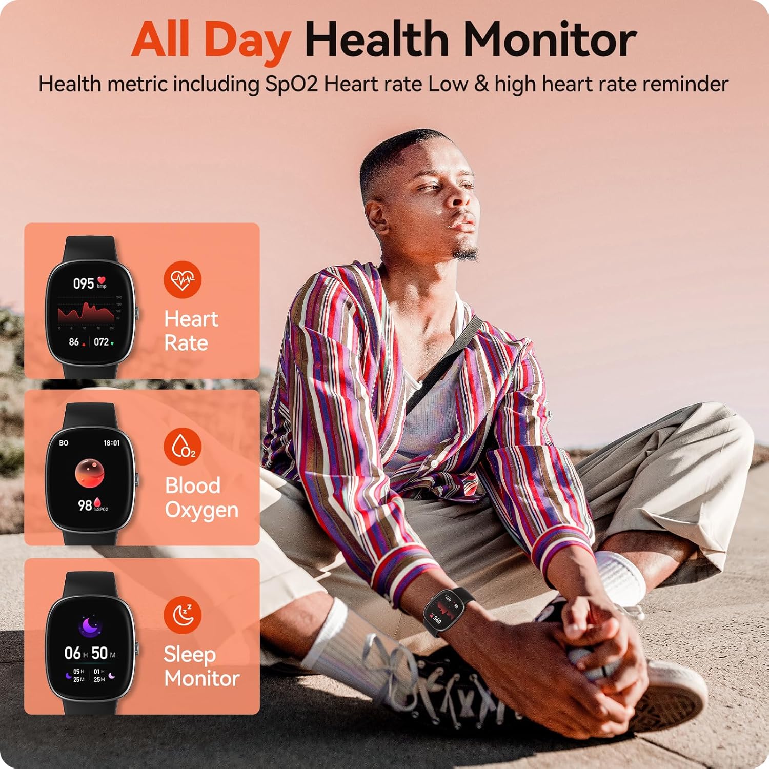 Reloj de seguimiento de actividad física con frecuencia cardíaca 247, monitor de sueño de oxígeno en sangre y frecuencia cardíaca, 1.69 pulgadas,