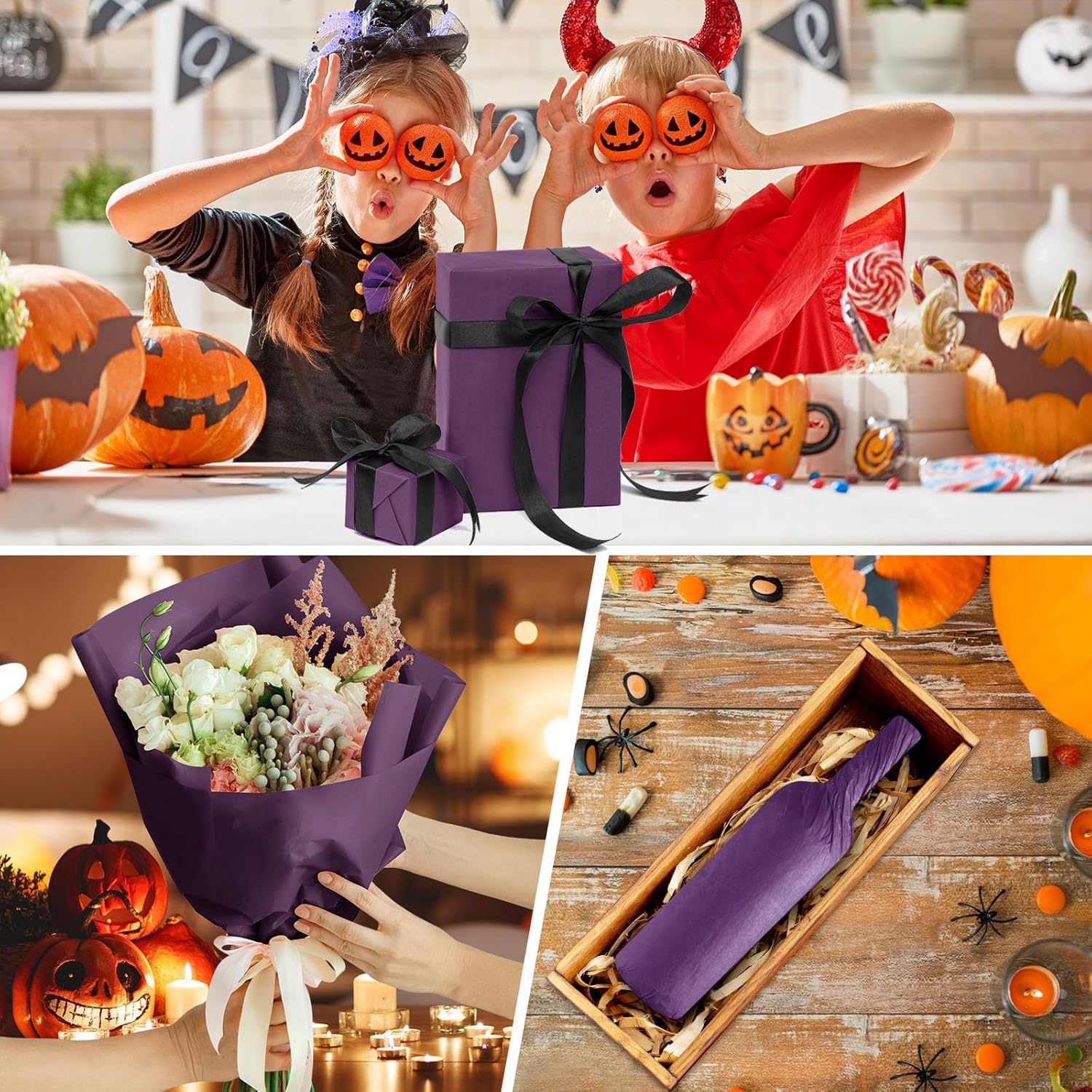 CHRORINE 60 hojas de papel de seda púrpura para Halloween, papel de seda para envolver regalos, papel de seda a granel para manualidades, decoración