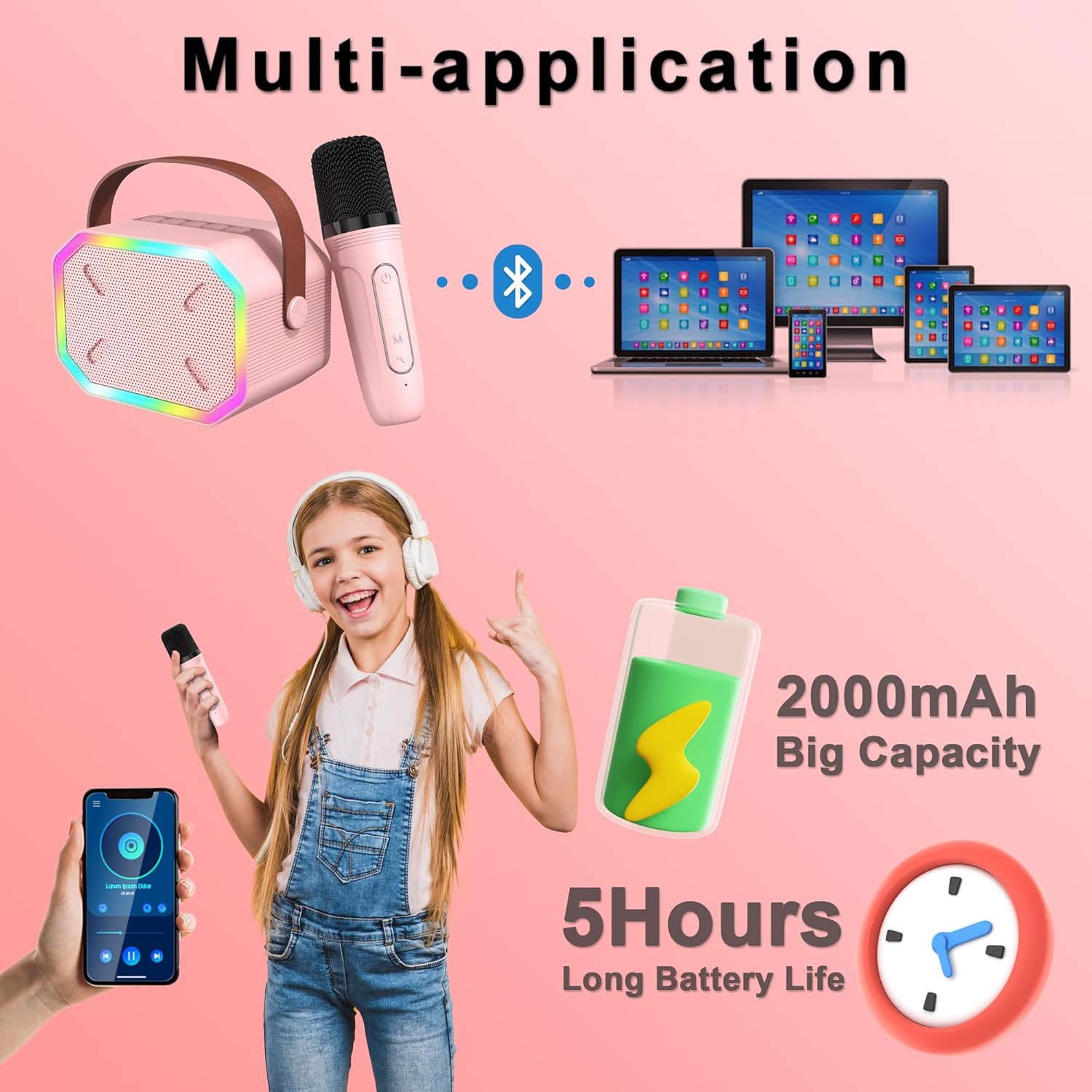 Mini juguete de máquina de micrófono de karaoke, altavoz Bluetooth portátil con 2 micrófonos inalámbricos para niñas, juguetes de reproductor de