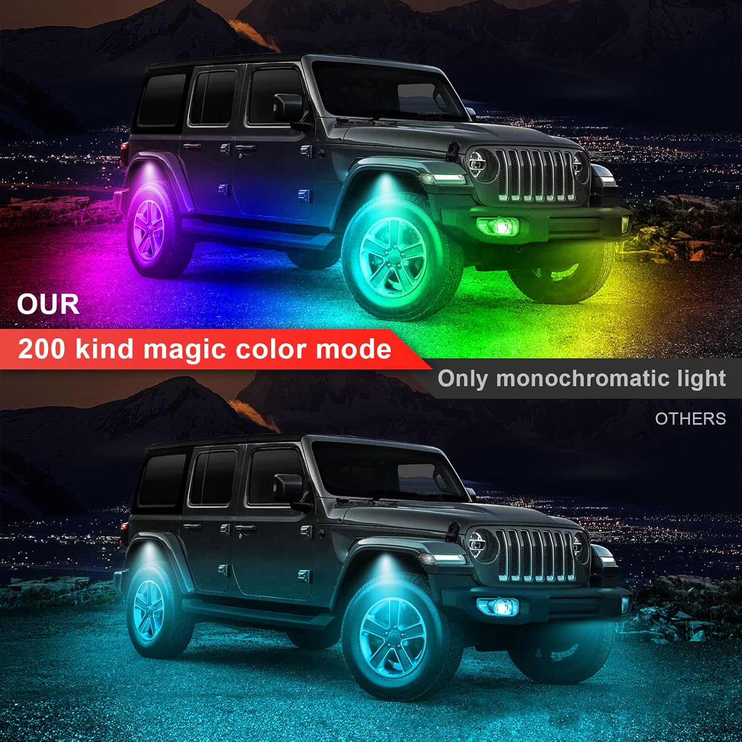 RGB LED Rock Lights Kit, Upgraded 210 Degrees Wide Angle Multicolor Chasing Underglow Neon Lighting Kit, Music Sync, 8Pcs 024007 0
