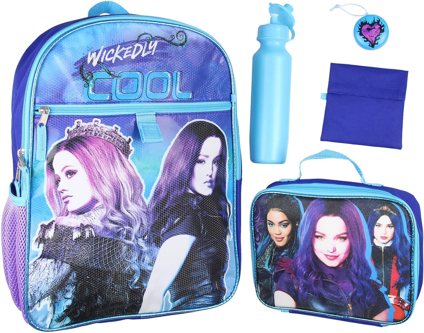 Disney Descendants Wickedly Cool Mochila de 16 pulgadas para el almuerzo, botella de agua, paquete de 5 piezas