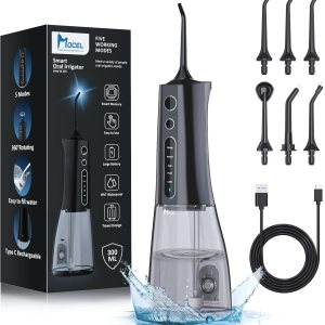 Irrigador dental de agua inalámbrico MOCEL 5 modos de irrigador oral 300ML portátil y USB C cable recargable IPX7 impermeable hilo dental limpiador Irrigador dental de agua inalámbrico MOCEL 5 modos de irrigador oral 300ML portátil y USB C cable recargable IPX7 impermeable hilo dental limpiador