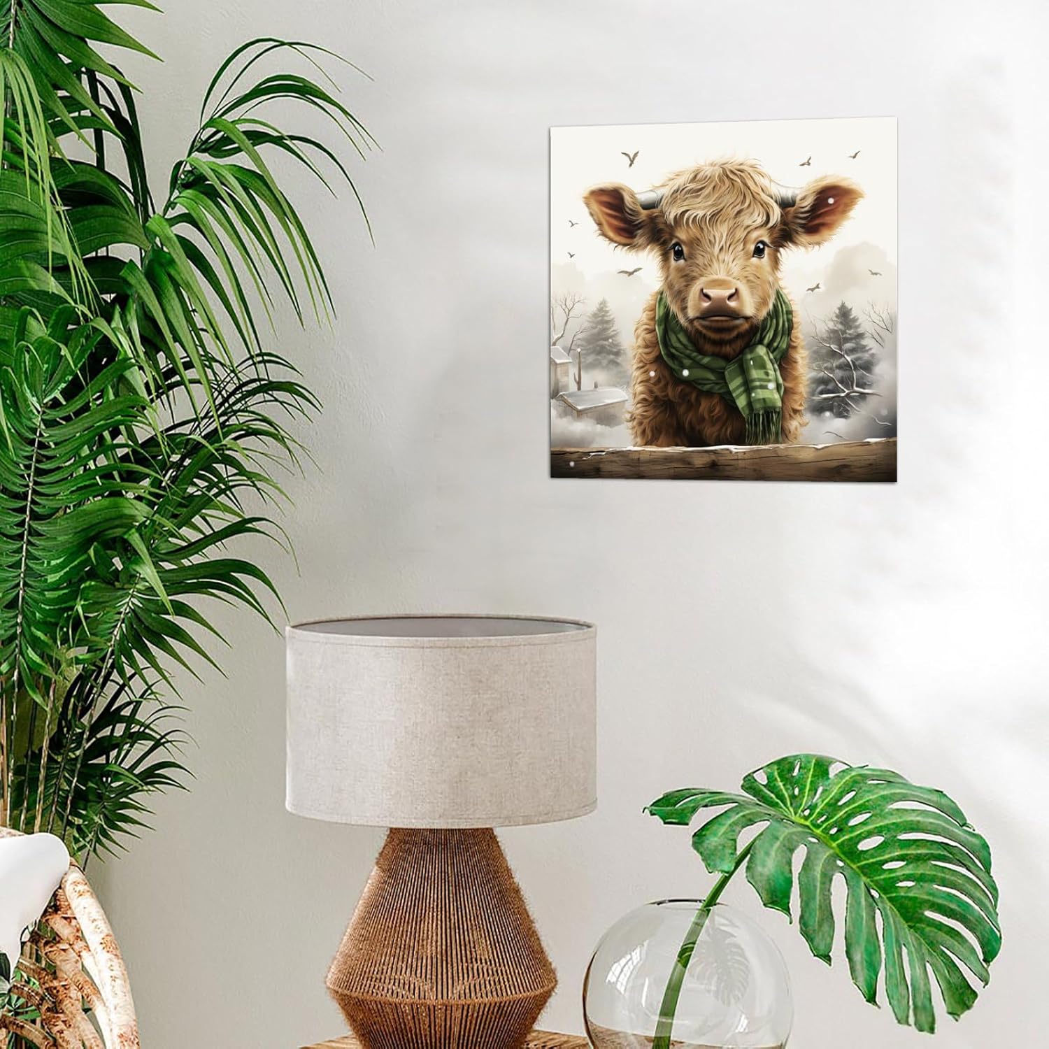 Un becerro de las tierras altas con un sombrero y bufanda de lana a cuadros verdes, póster, pintura decorativa, lienzo, arte de pared, póster de