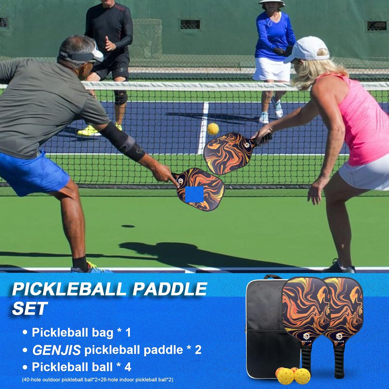 Juego de 2 palas de pickleball para pickleball, paquete de 2, superficie de fibra de vidrio, núcleo de panal de abeja ligero con 4 bolas y 1 bolsa