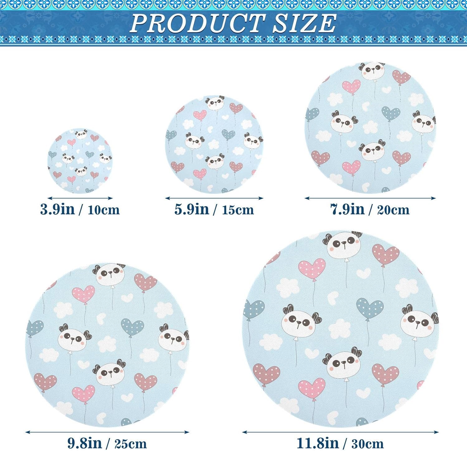 Pandas Hearts – 5 fundas elásticas reutilizables para tazones para almacenamiento de alimentos, tapas de tela elástica con 5 tamaños diferentes,