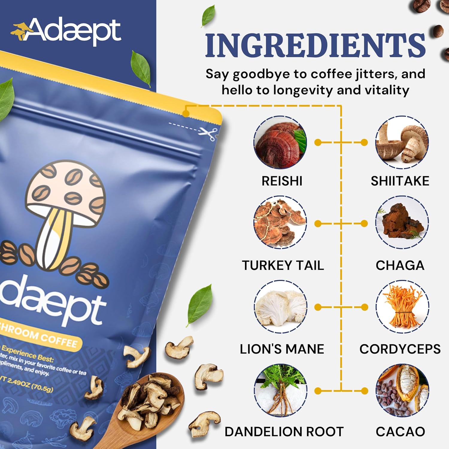 Adaept Café de hongos – Melena de león, Cordyceps, Reishi, Chaga, Shiitake y cola de pavo  Cacao peruano orgánico, raíz de diente de león y café