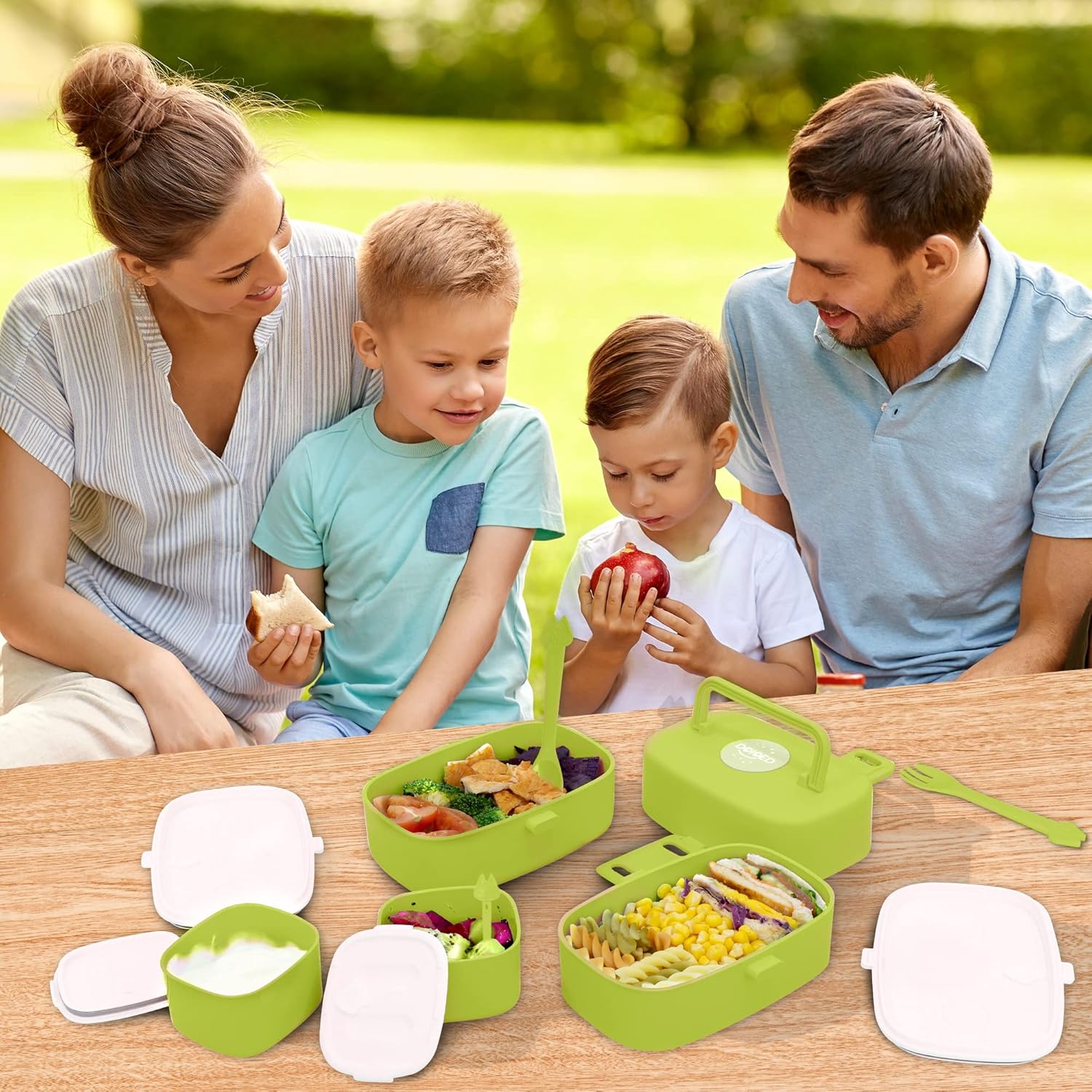 DOIOED Lonchera Bento para niños y niños pequeños, incluye calcomanía con nombre, caja Bento apilable a prueba de fugas con 4 compartimentos,