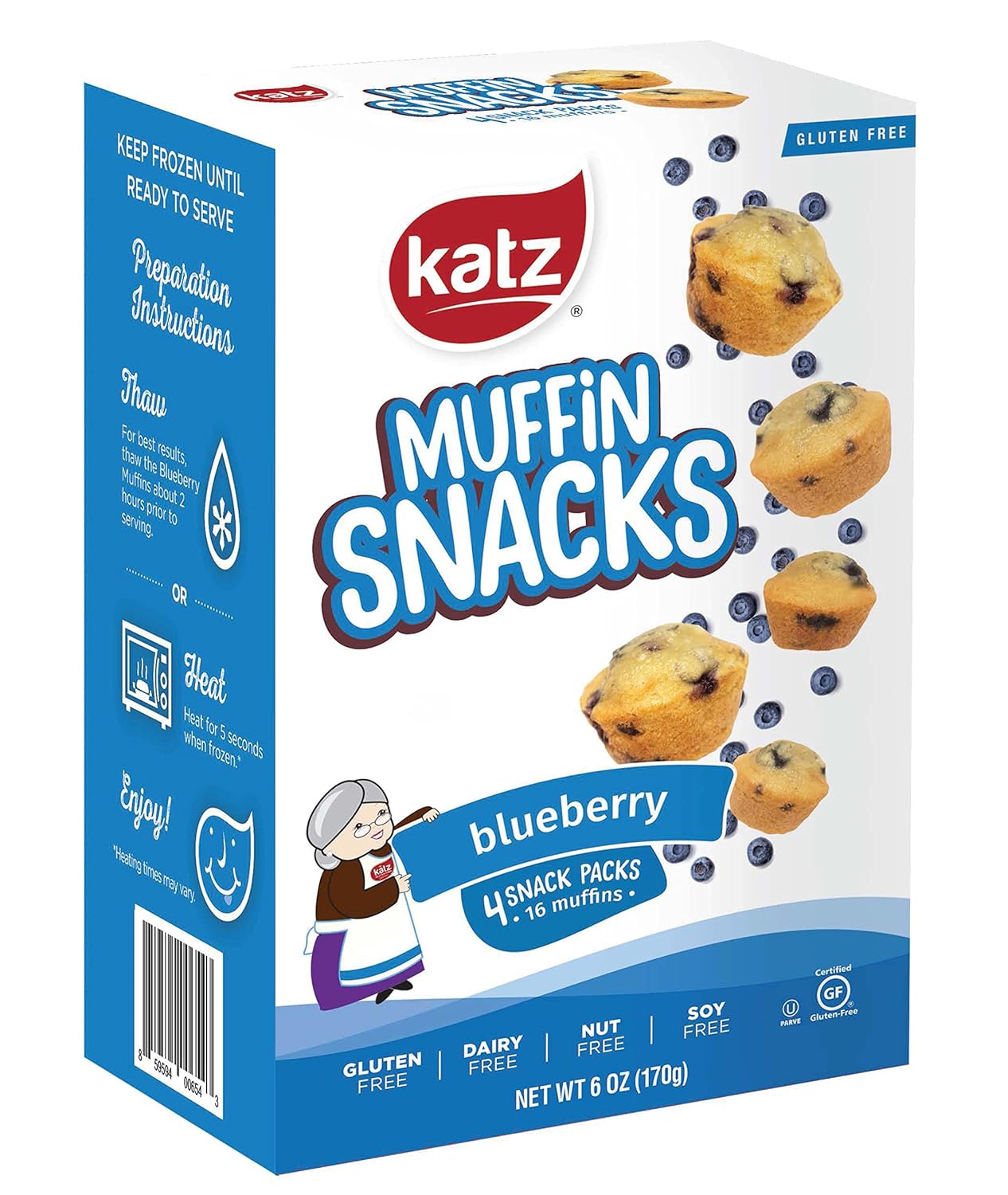 Katz Gluten Free Bocadillos de magdalenas de arándanos  Sin lácteos, sin nueces, sin soja, sin gluten  Kosher (3 paquetes, 6 onzas cada uno)