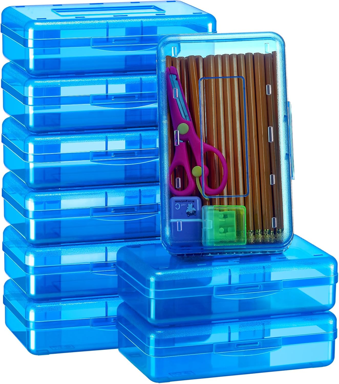 Thyle 36 cajas de lápices de plástico apilables con tapa, cierre a presión, caja escolar de plástico duro a granel, organizador de almacenamiento de