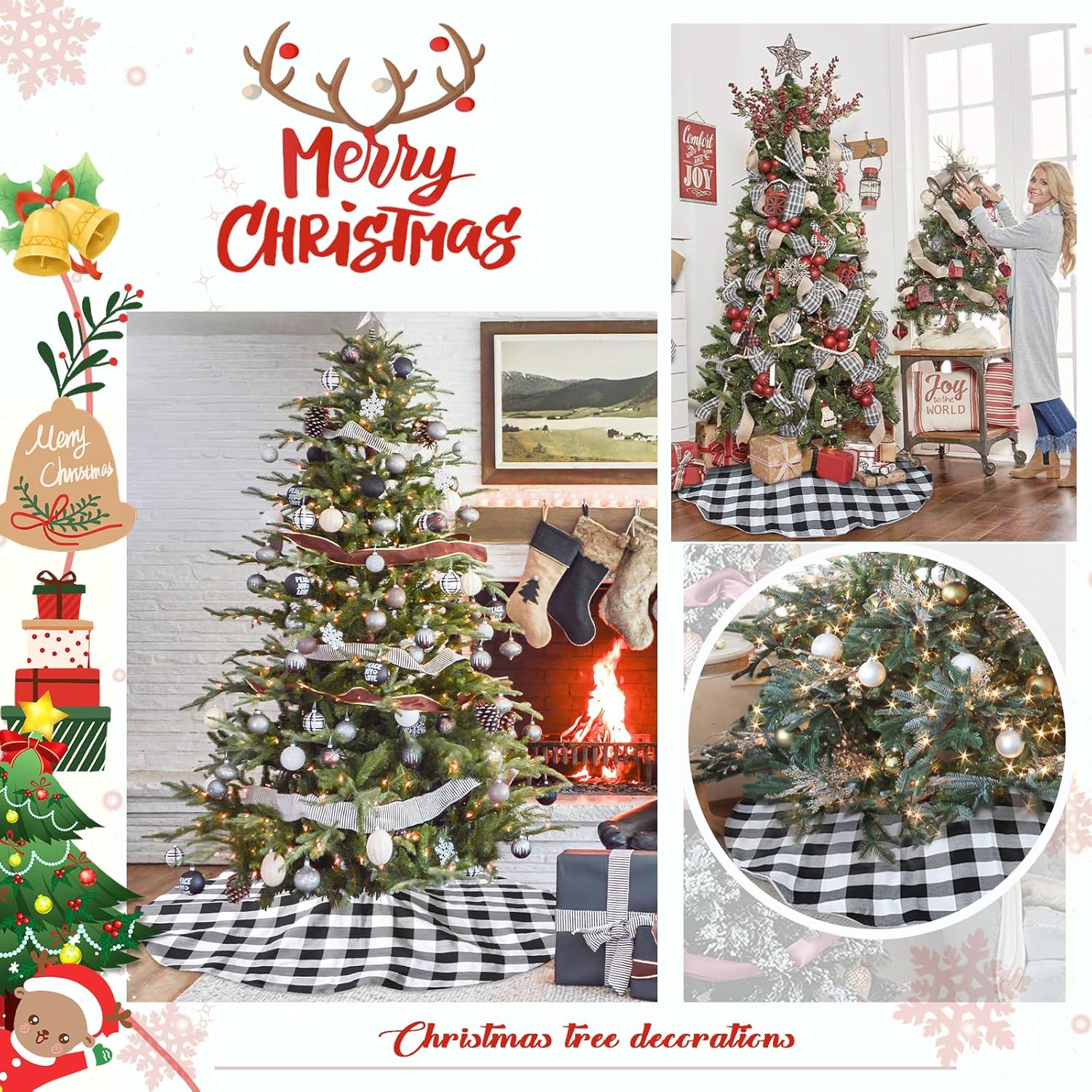 Falda de árbol de Navidad de 36 pulgadas, falda de árbol pequeño a cuadros blancos y negros para Navidad