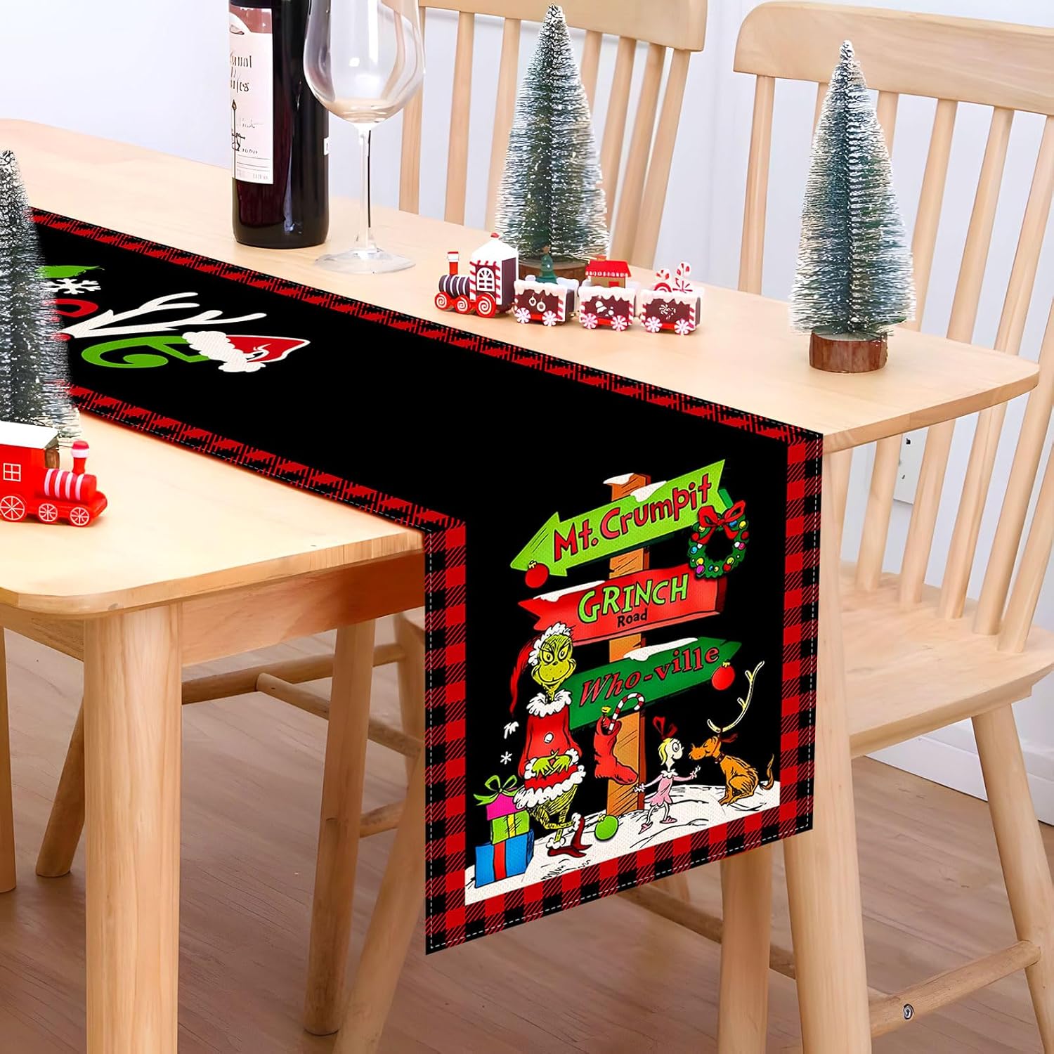 Camino de mesa Grinchmas Feliz Navidad, vacaciones de invierno, fiesta temática, cocina, comedor, decoración del hogar (negro y rojo, 13 x 108
