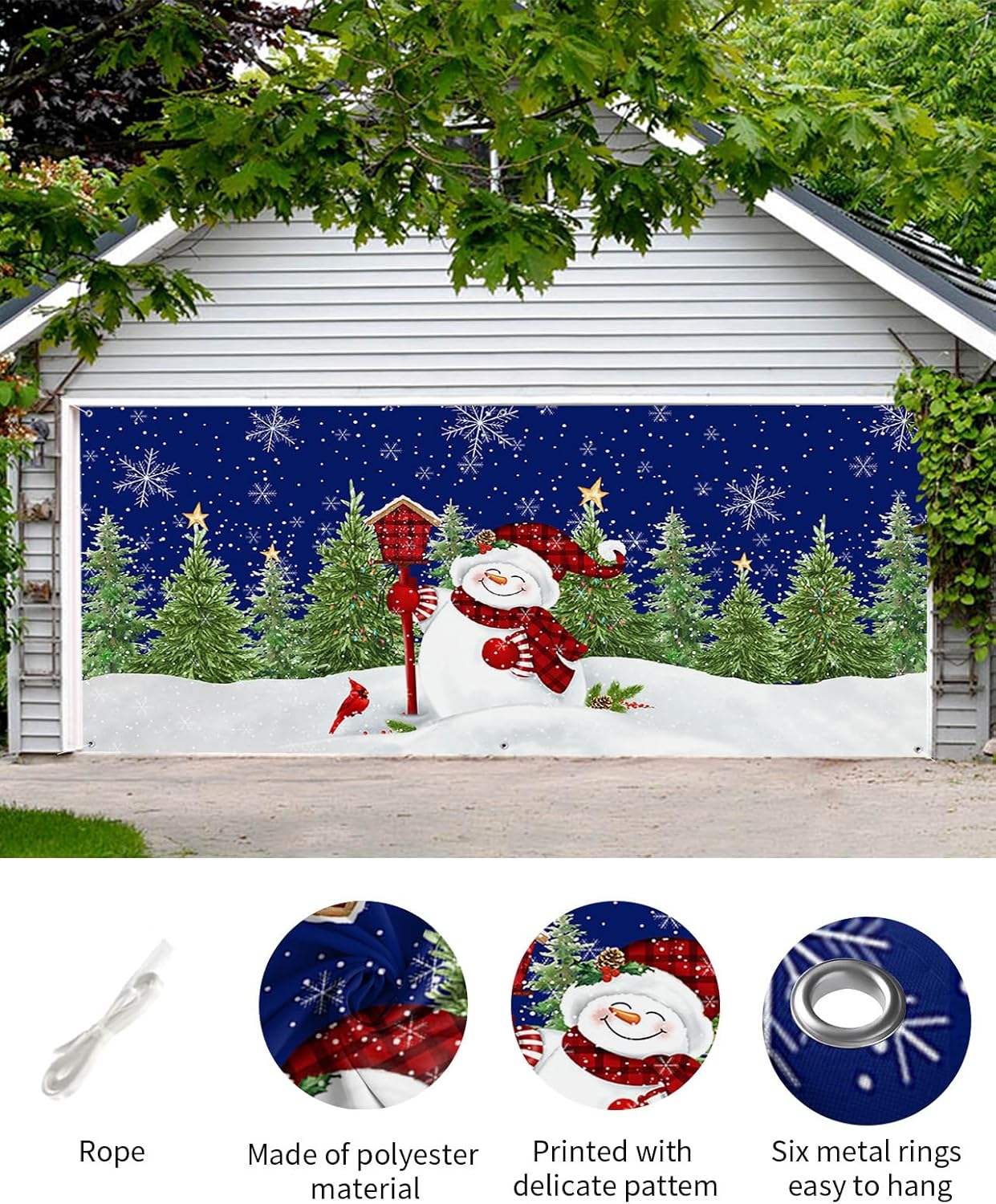 Pancarta de Navidad para puerta de garaje, 7 x 16 pies, muñeco de nieve de Navidad, árbol de Navidad, pájaro rojo, azul oscuro, decoración de puerta