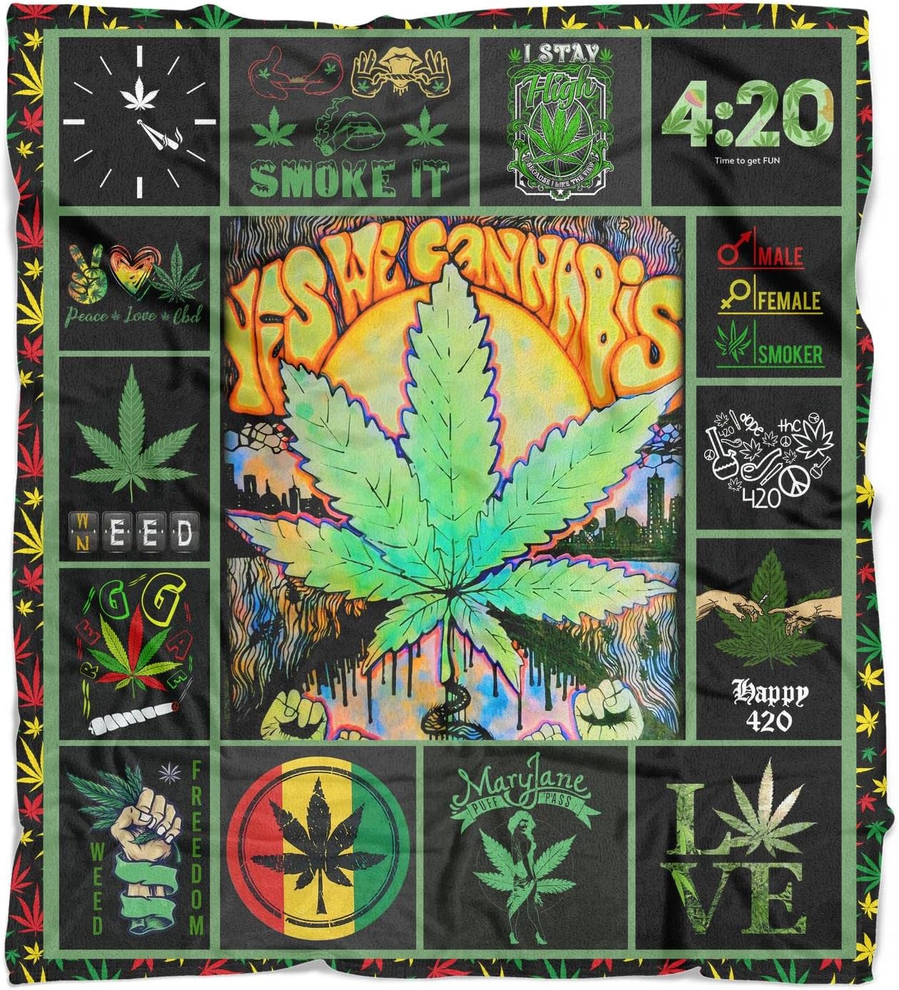 Manta de franela de malezas súper cálida y suave para cama, sofá, sofá, acurrucarse, transpirable, hojas de marihuana y cannabis, para todas las