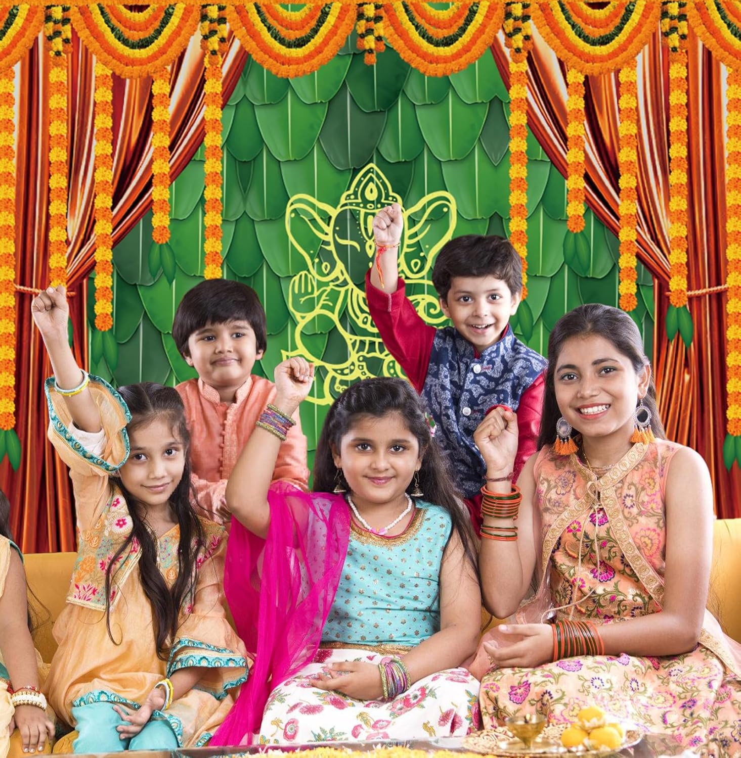 Decoración de fondo indio Pooja para fotografía, 10 x 8 pies, tradicional, indio, festival de Puja Ganpati Mehndi, fondo de fotos de plátano, hojas