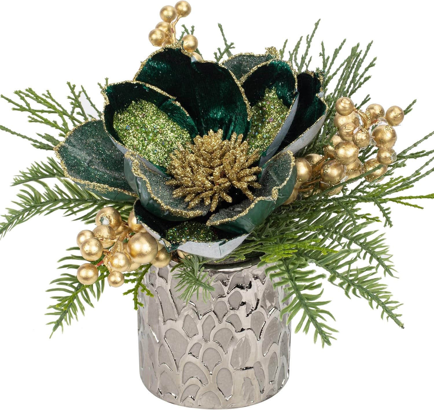 Centro de mesa de Navidad verde de 9 pulgadas, 5 pulgadas, flor de magnolia con purpurina, bayas doradas, abeto, vegetación, centro de mesa