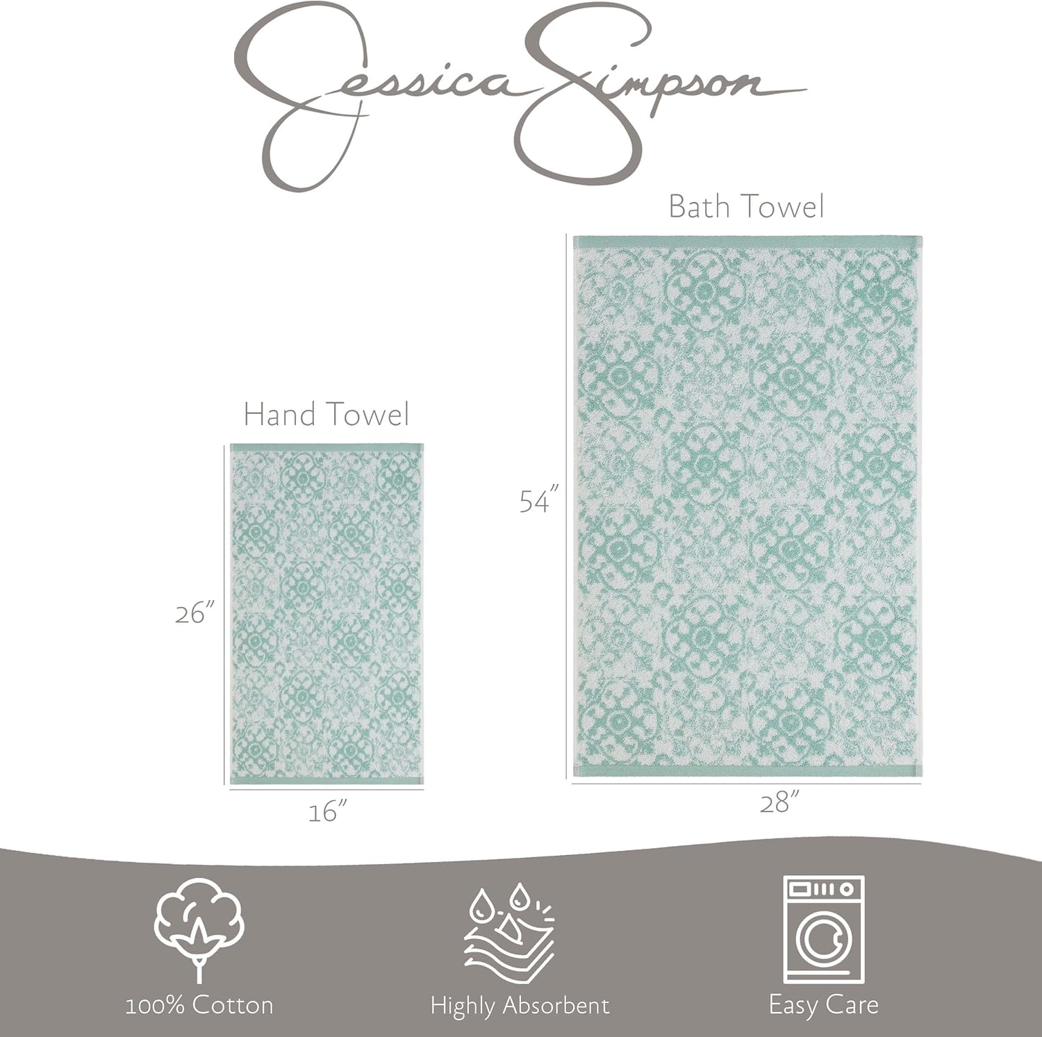 Jessica Simpson Juego de 4 toallas de baño  Aziza  Decoración de baño premium  Incluye 2 toallas de mano y 2 toallas de ducha  100% algodón y