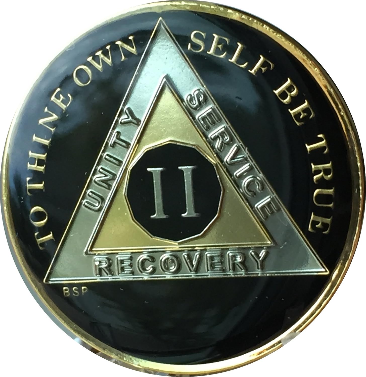 Blue Star Press 2 años Classic Black AA Medallion Sobriety Chip Tri Plate chapado en oro y níquel