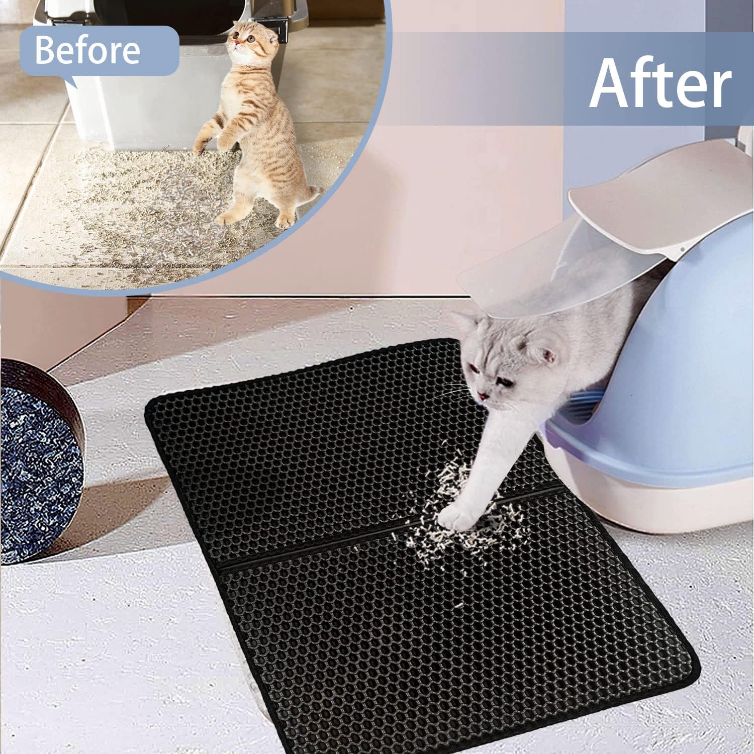 Tapete para arena para gatos, tapete para atrapar arena, diseño de doble capa de panal de abeja, impermeable, a prueba de orina, lavable, fácil de