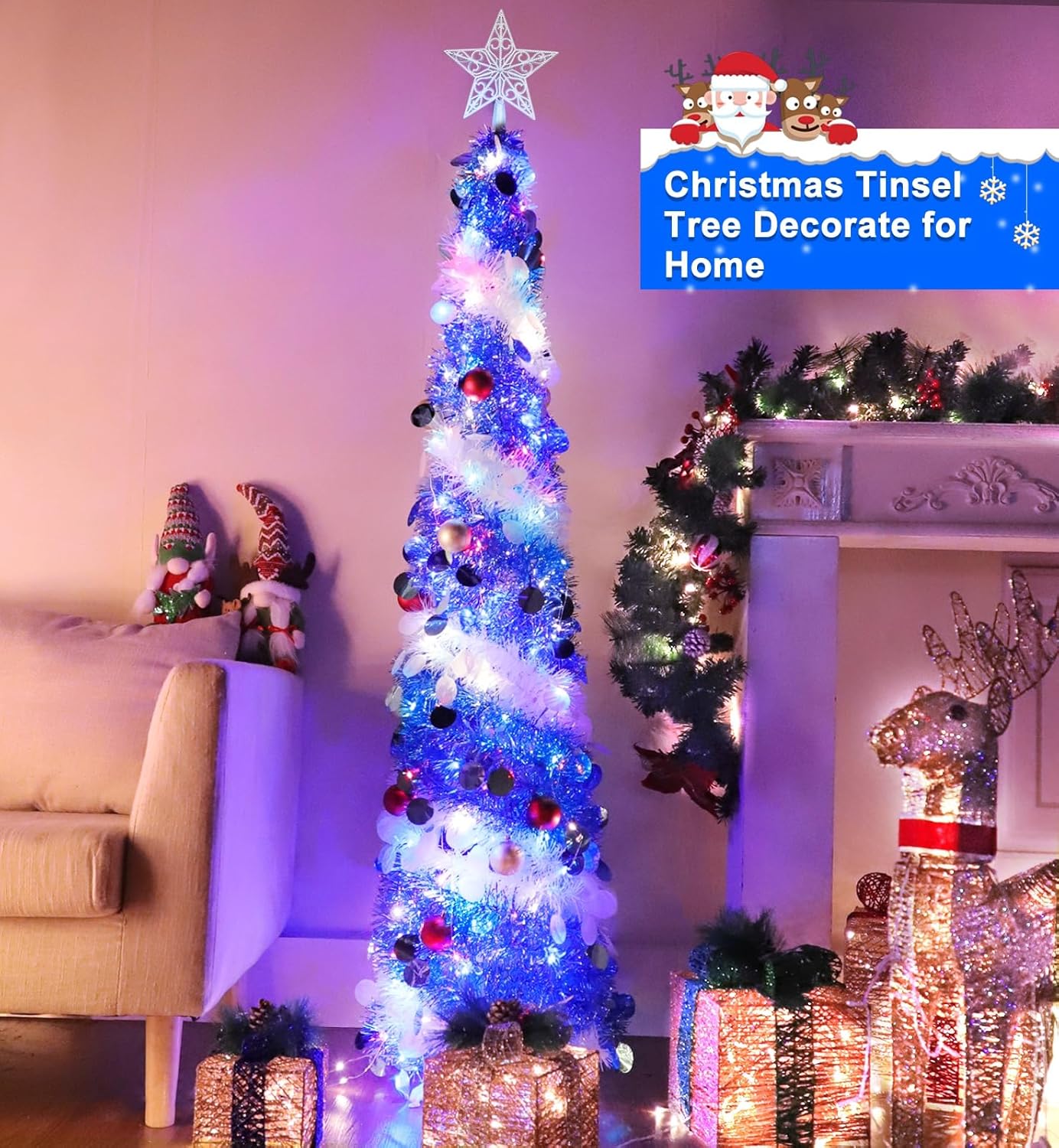 Interruptor y temporizador de doble color Árbol de Navidad de lápiz de 5 pies con 50 luces de cambio de color blanco cálido y multicolor, 10 bolas,