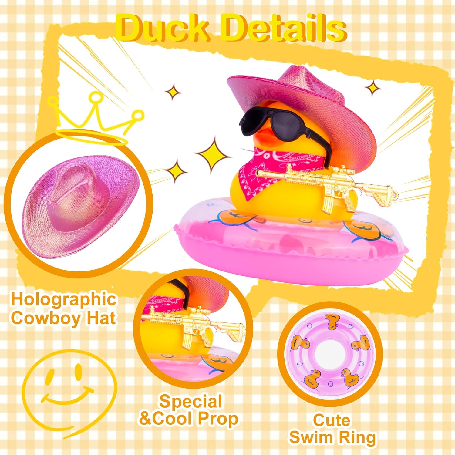 Patos de goma para tablero de instrumentos de automóvil, pato vaquero, accesorios de decoración con mini sombrero de vaquero holográfico, anillo de