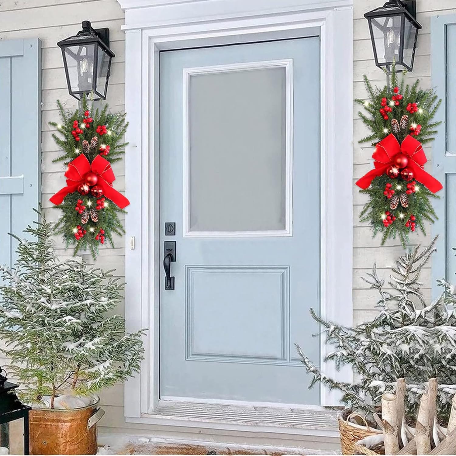 Guirnalda de escaleras de Navidad preiluminada, guirnalda de Navidad, el borde de escalera preiluminado inalámbrico, coronas de Navidad para puerta