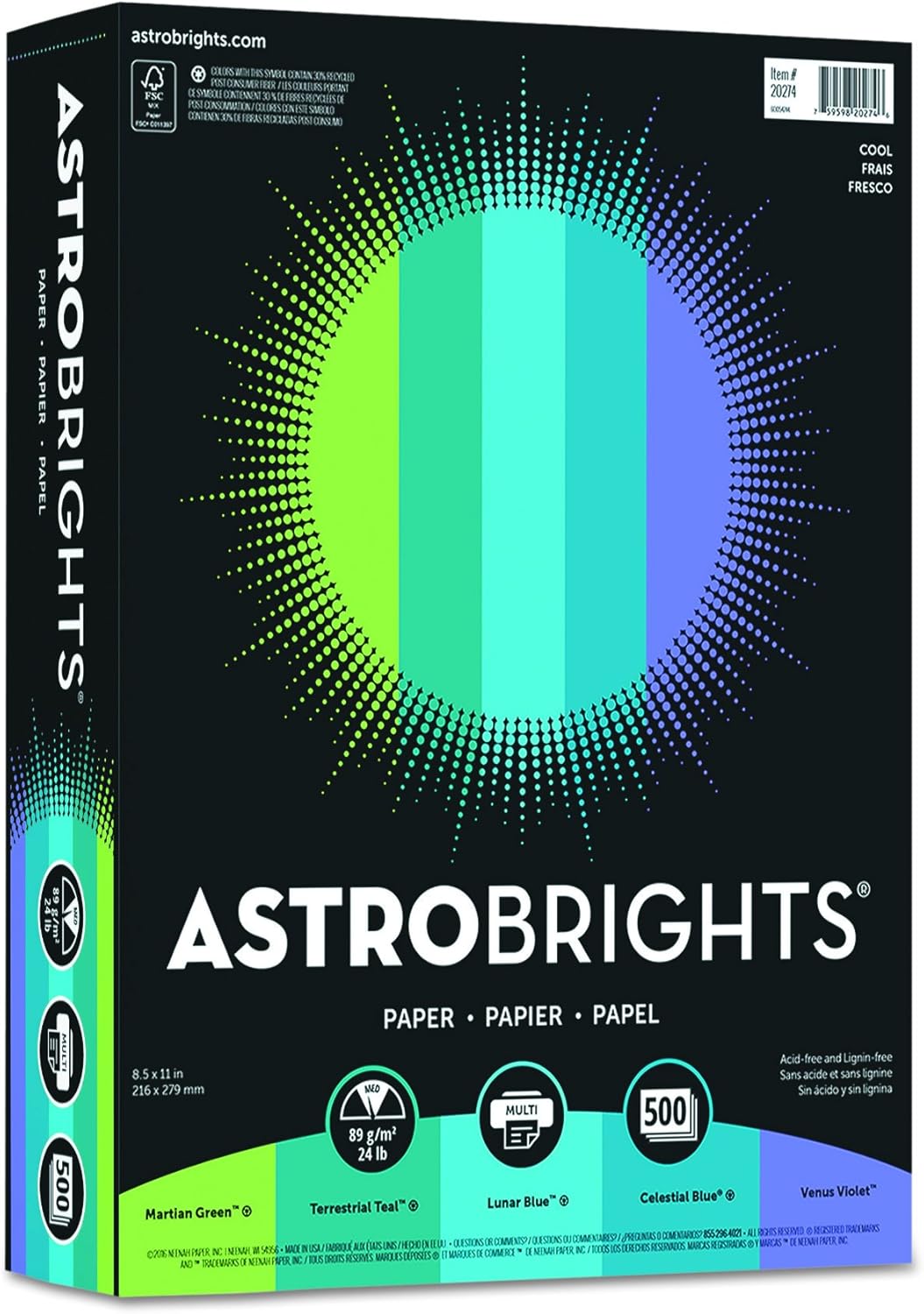 Astrobrights Impresora multiuso a color y papel de copia, surtido fresco, letra (8.5 x 11 pulgadas), 500 hojas por resma, 24 libras, brillo 94