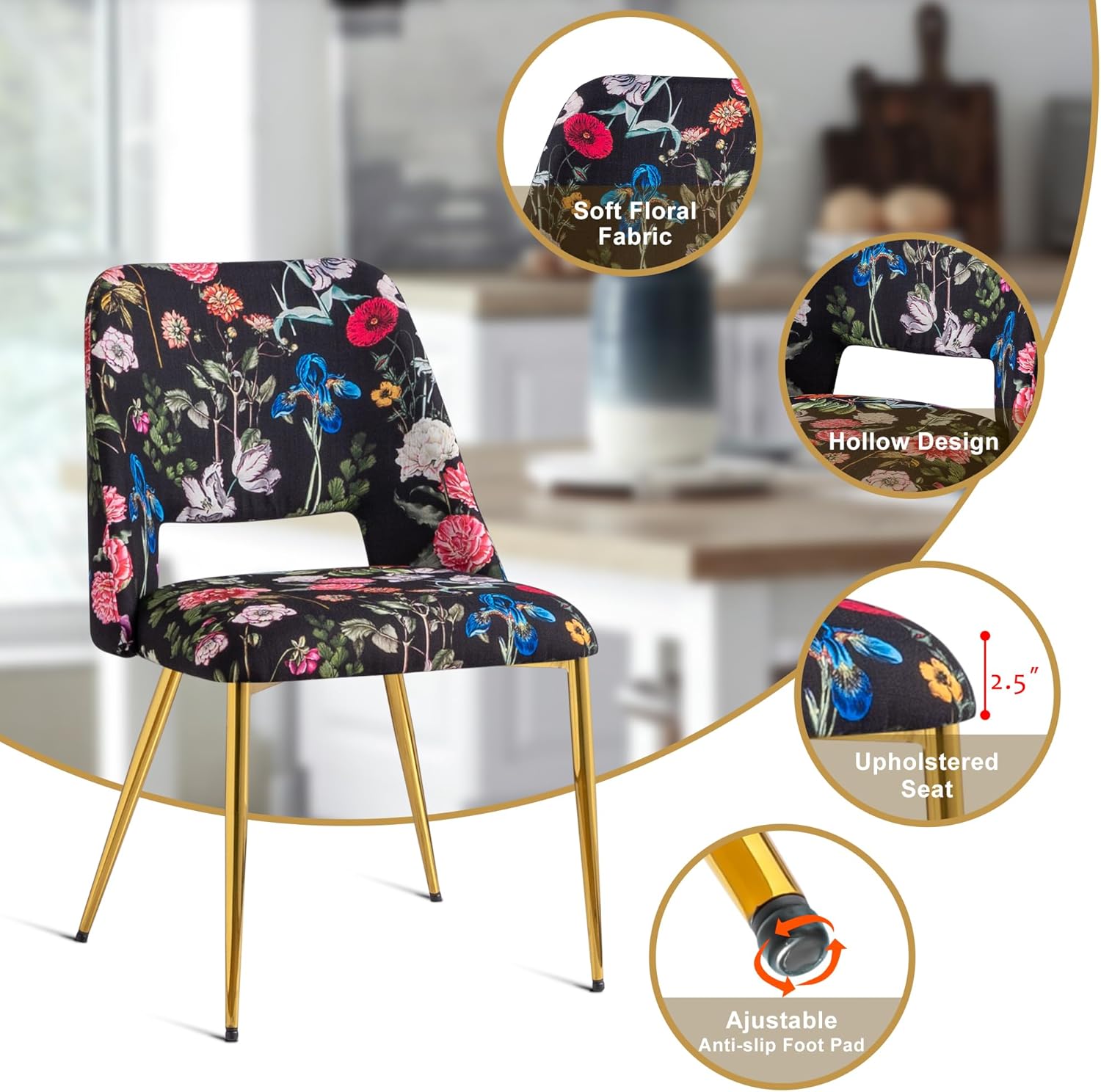 Comfy to go Juego de 2 sillas de comedor, sillas de cocina tapizadas de tela con patas doradas, sillas decorativas de comedor modernas de mediados