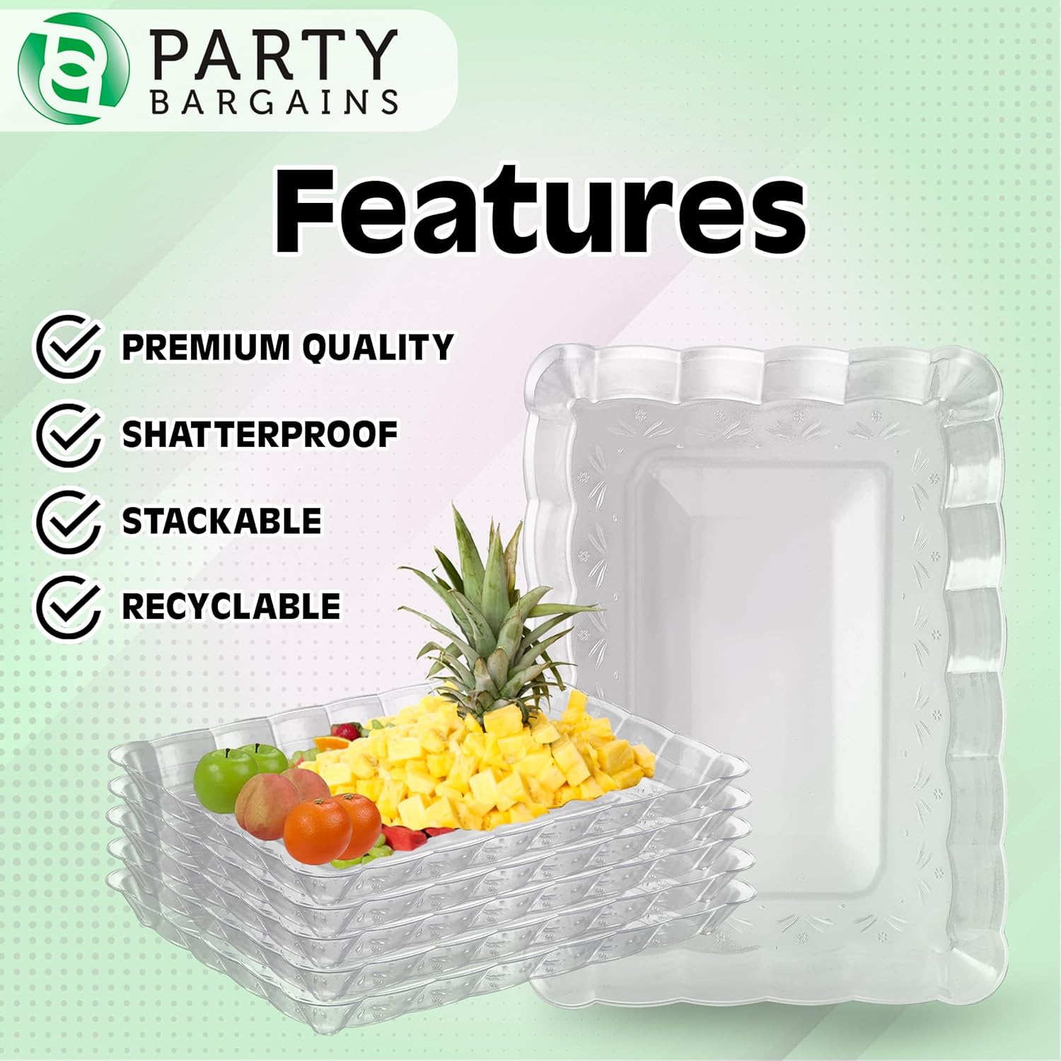 Party Bargains Bandeja de plástico para servir, 9 x 13 pulgadas, paquete de 8 platos transparentes festoneados, bandeja rectangular desechable para