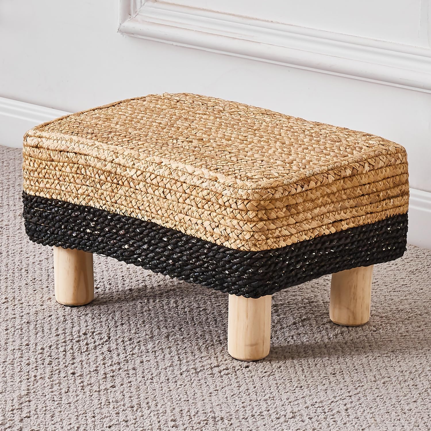 Cpintltr Taburete otomano rectangular, reposapiés, otomano, reposapiés natural de algas marinas con patas de madera, taburete tejido a mano para
