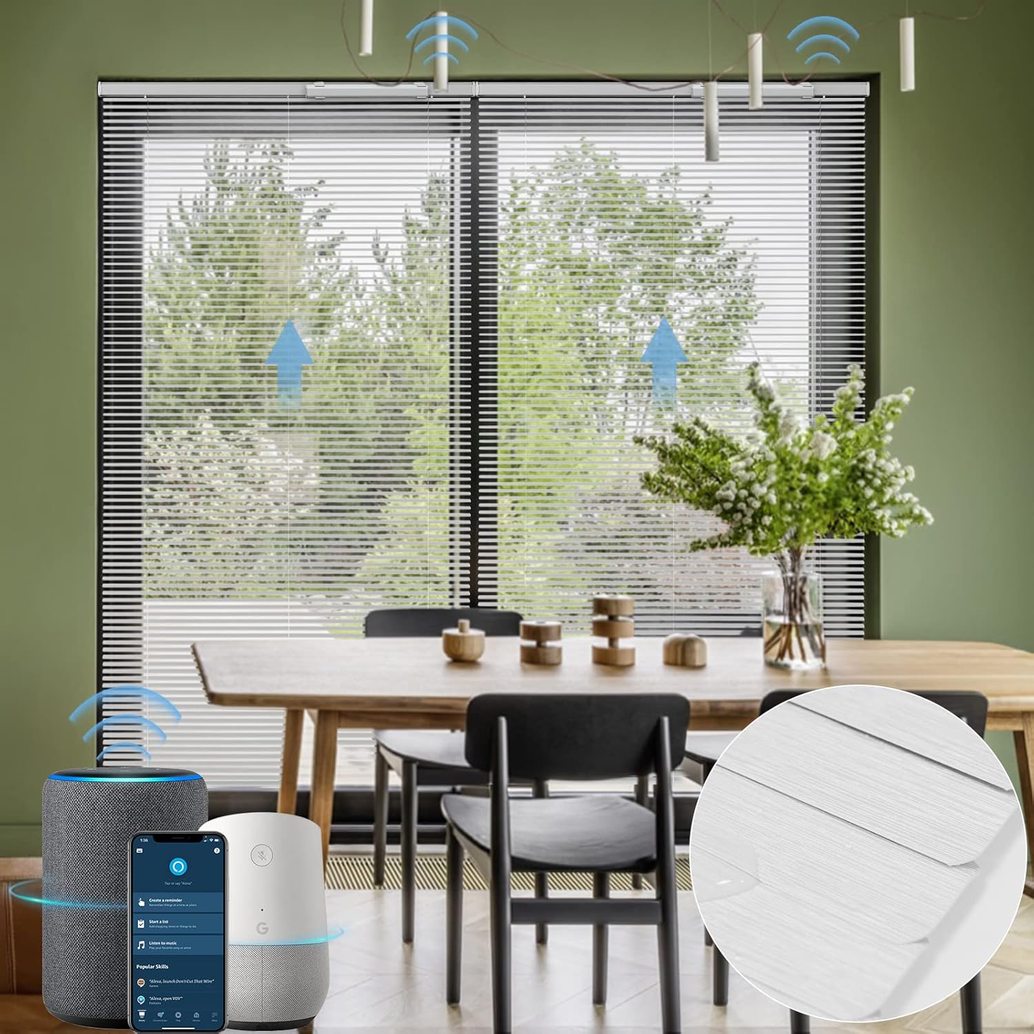 Graywind Persianas venecianas motorizadas curvadas en L compatibles con Alexa Google Remote Horizontal Transparente PVC Recargable Privacidad