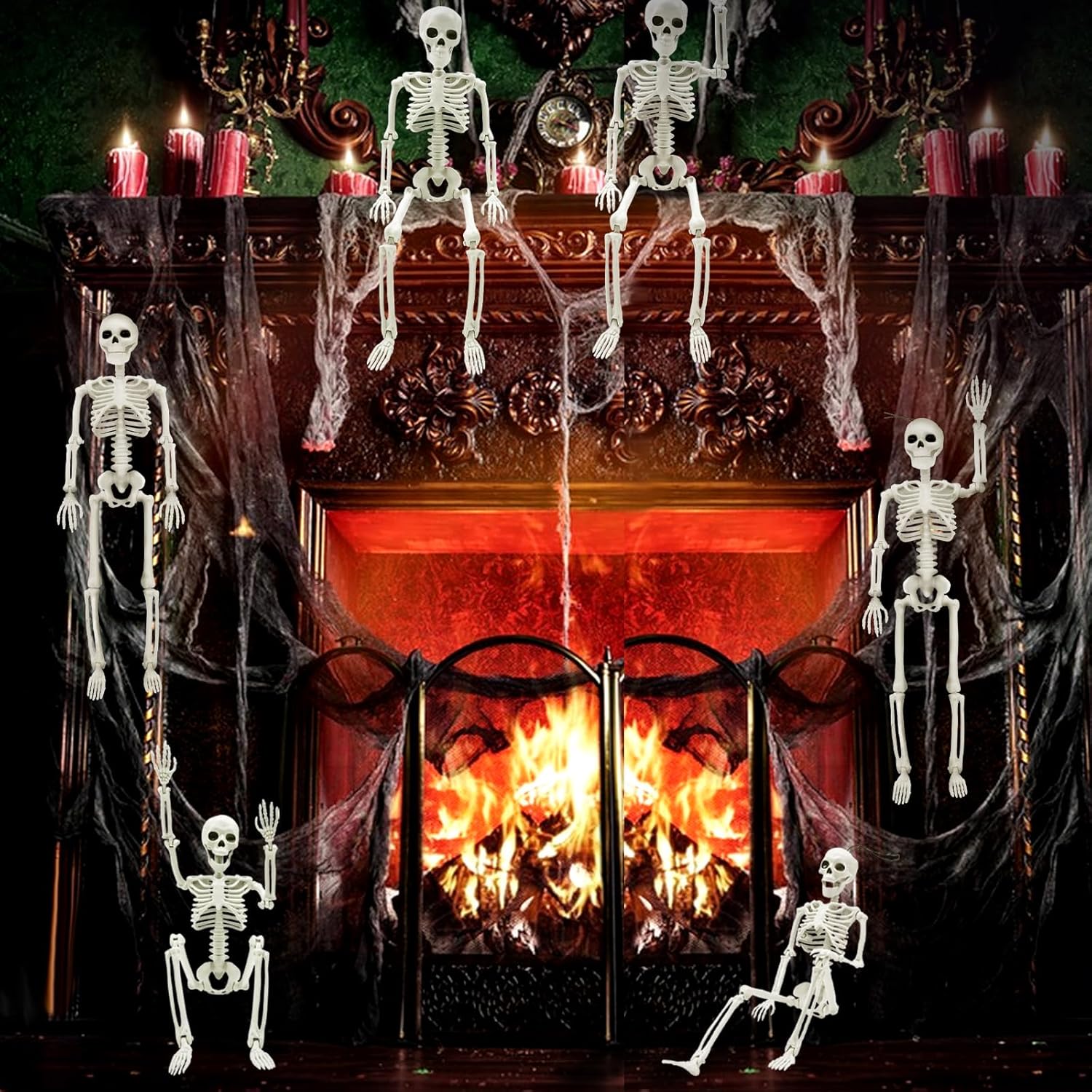 Paquete de 6 esqueletos decorativos de Halloween, esqueleto pequeño posable de 16 pulgadas de cuerpo completo con articulaciones móviles, esqueletos