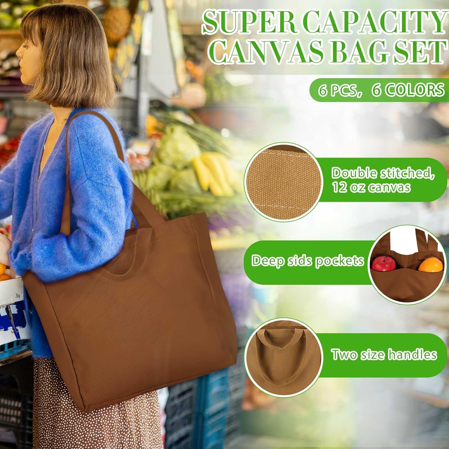 Juego de 9 bolsas de lona para comestibles XL con bolsillos reales, correa larga para el hombro y asas cortas, bolsas de lona reutilizables a