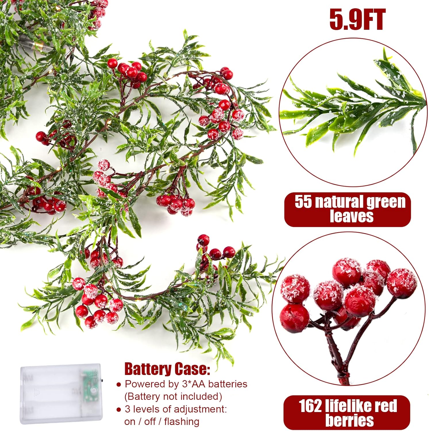 Guirnalda de luces artificiales de Navidad de 5.9 pies con 162 bayas rojas nevadas, 55 hojas verdes, 20 luces LED, funciona con pilas para
