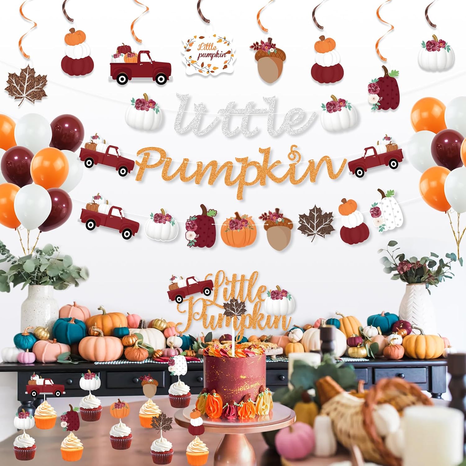 K KUMEED Decoraciones de fiesta de calabaza pequeña, pancarta de calabaza roja y blanca, hojas de otoño, calabaza, camión, decoración de pastel,