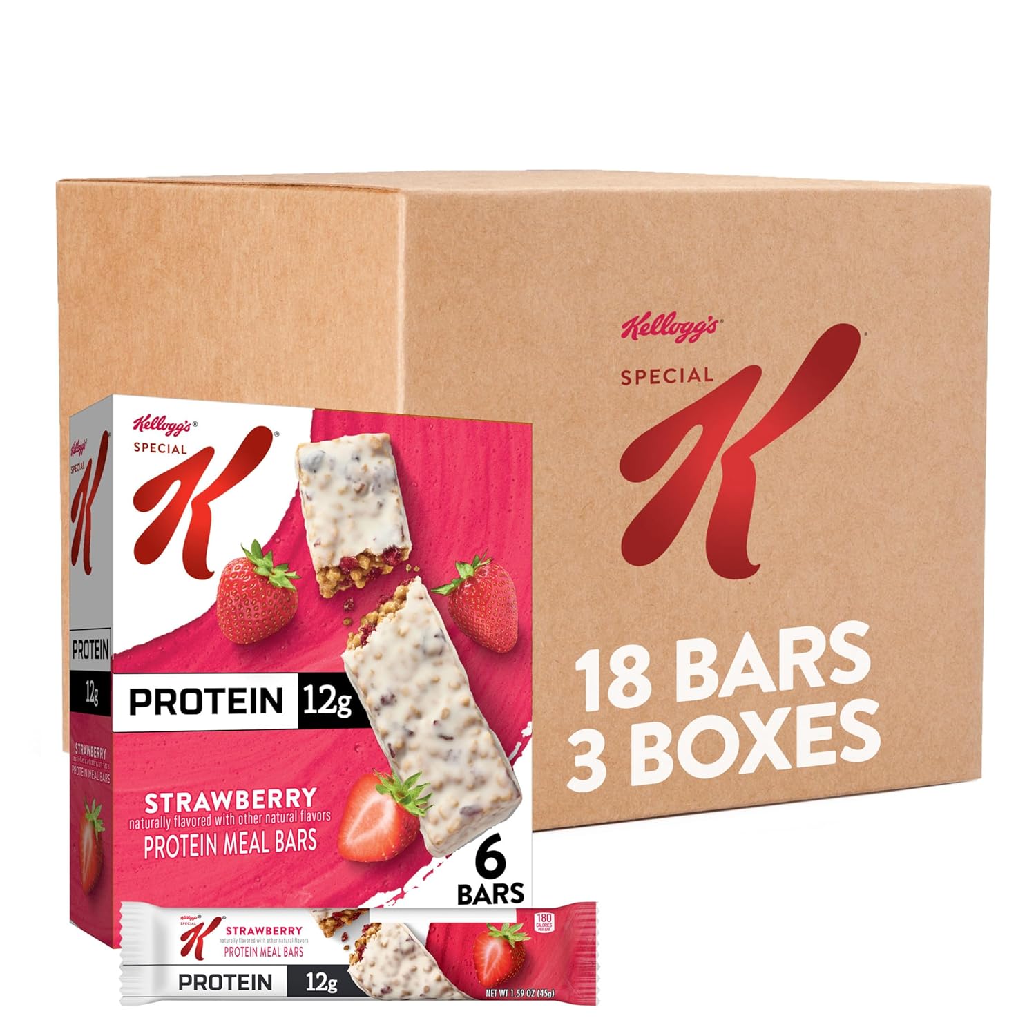 Kellogg’s Special K Barras de comida de proteínas, 0.44 onzas de proteína, reemplazo de comida, fresa (3 cajas)