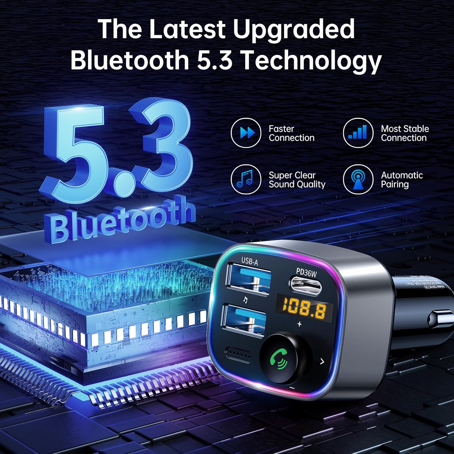 Syncwire Bluetooth 5.3 Transmisor FM Adaptador de coche 48W (PD 36W y 12W) Interruptor de luz Bajo Profundo HiFi Carga Rápida Adaptador de Música de