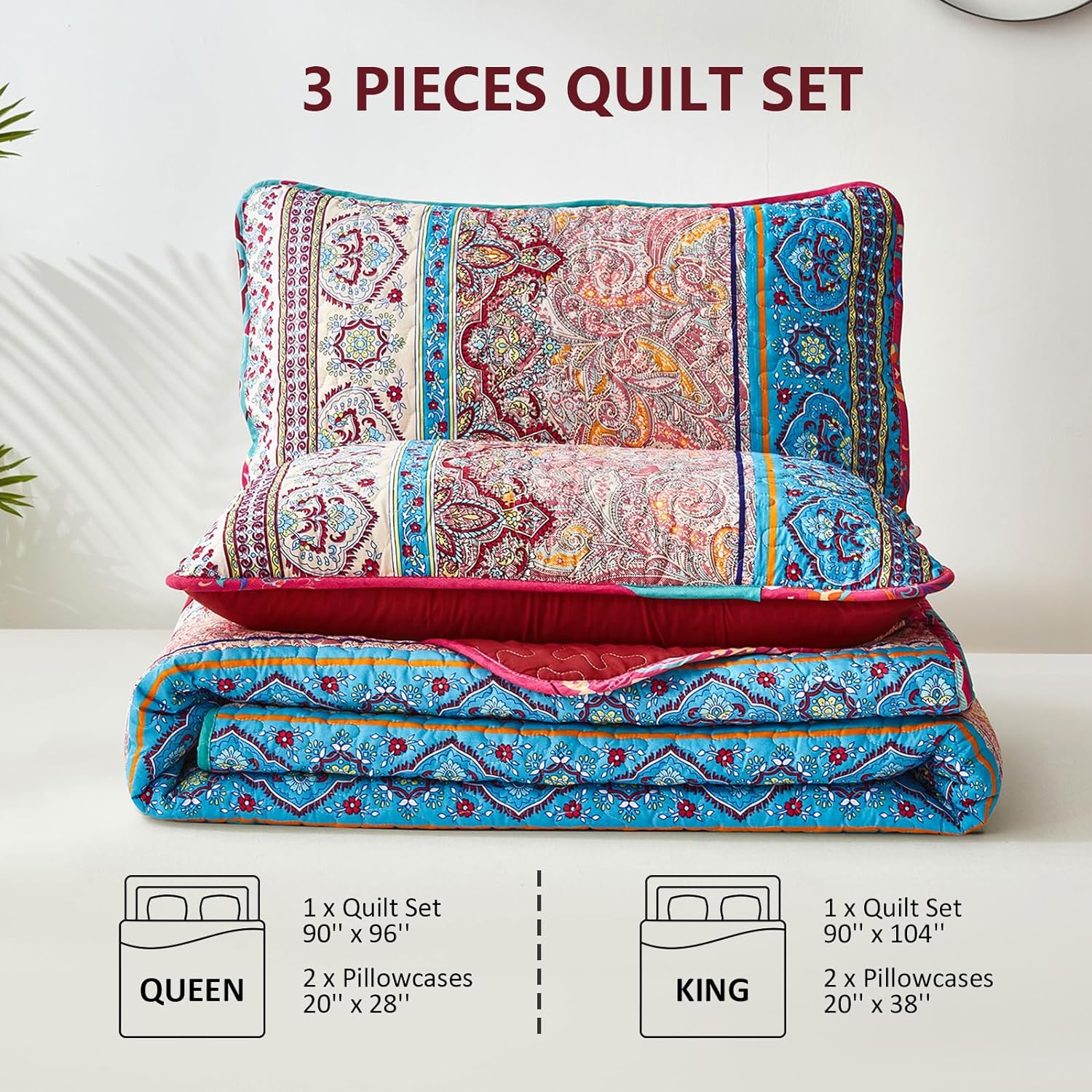 WONGS BEDDING Juego de edredón bohemio tamaño King, juego de colcha de 3 piezas de rayas rojas bohemias de microfibra ligera para todas las
