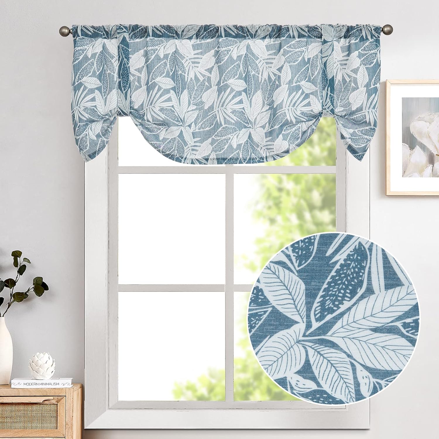 Lazzzy Cenefa de cocina floral azul con patrón de hojas, cortina corta rústica de lino para cafetería, cocina, bolsillo para barra de 18 pulgadas, 1