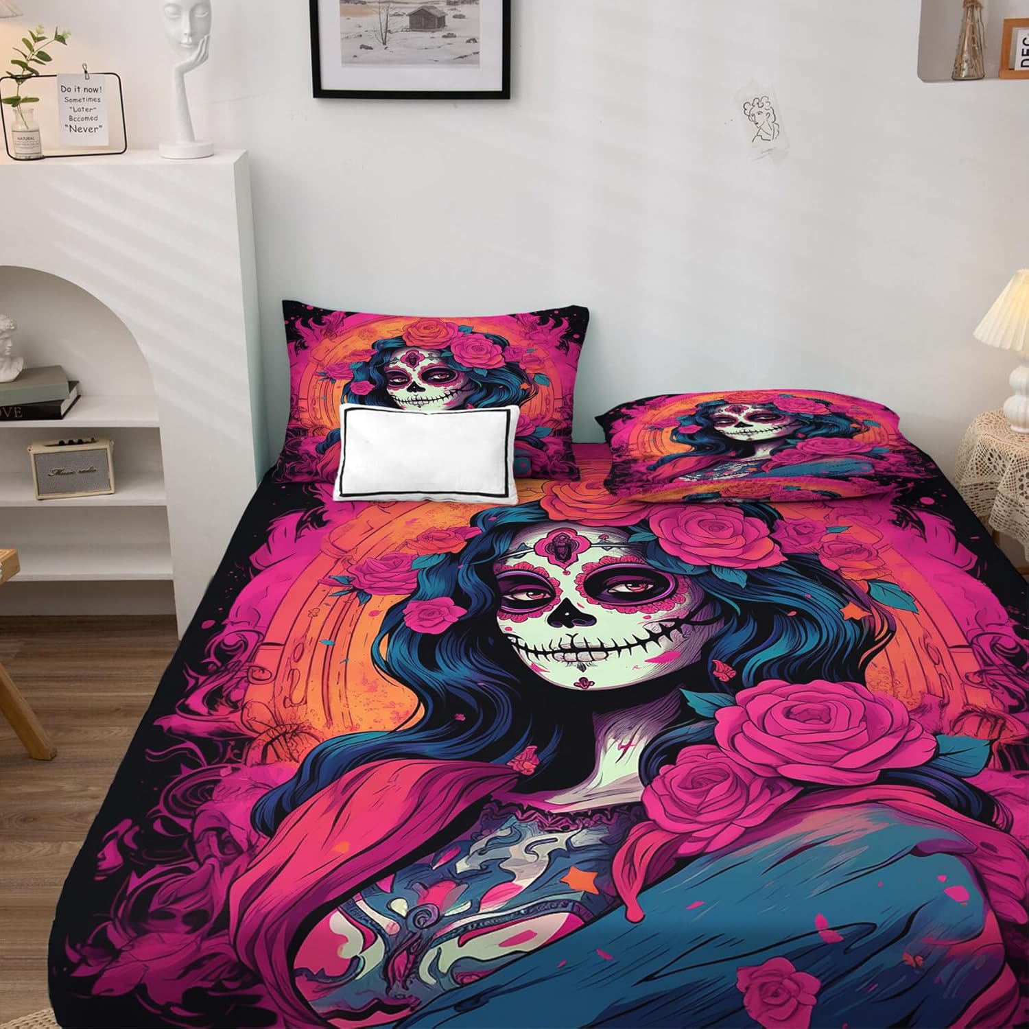 Day of The Dead – Juego de sábanas de tamaño King, sábanas mexicanas, sábanas y fundas de almohada estampadas, 4 piezas, sábana bajera ajustable de