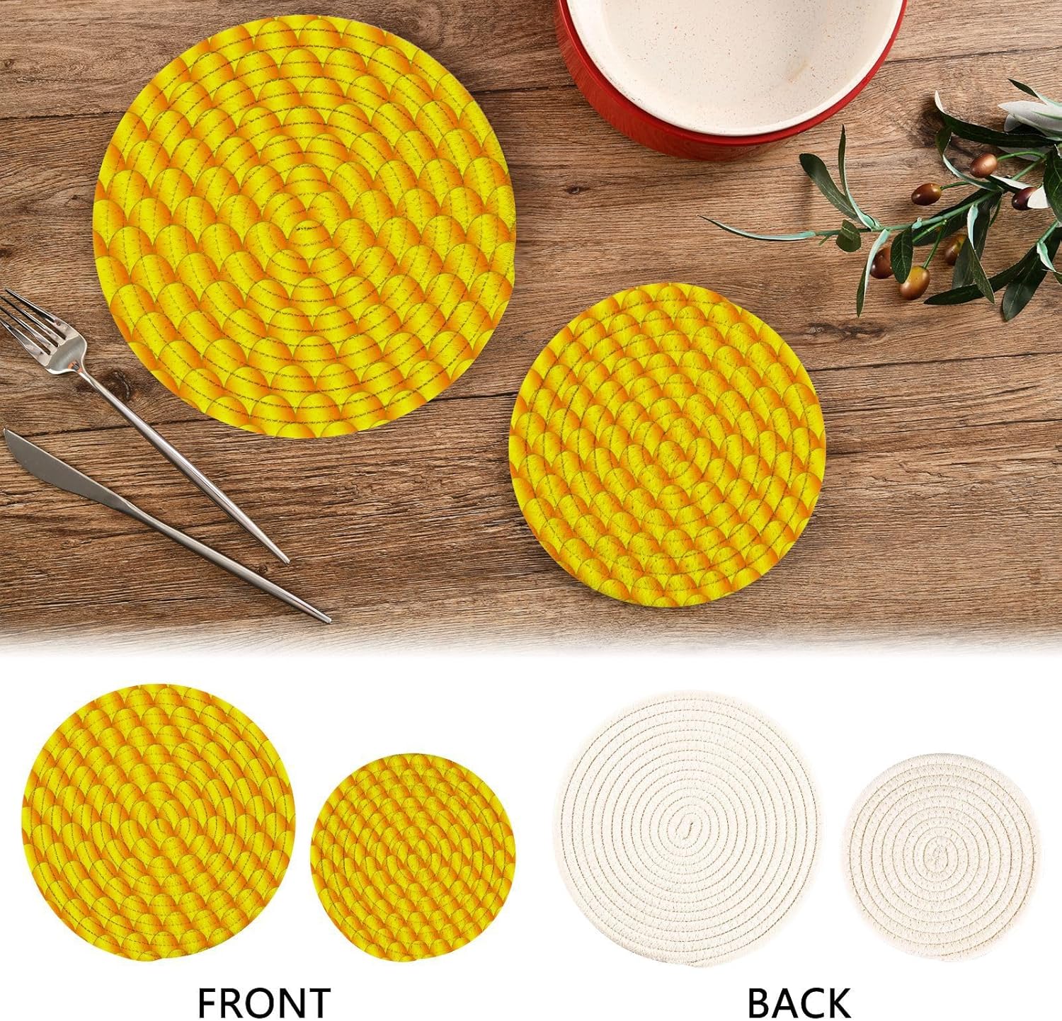 Yellow Gold Dragon Scale Hot Mats Pads for Kitchen Heat Resistant Round Trivet Mat for Coaster Hot Pots Pans Cotton Woven Trivet Pot Holders for