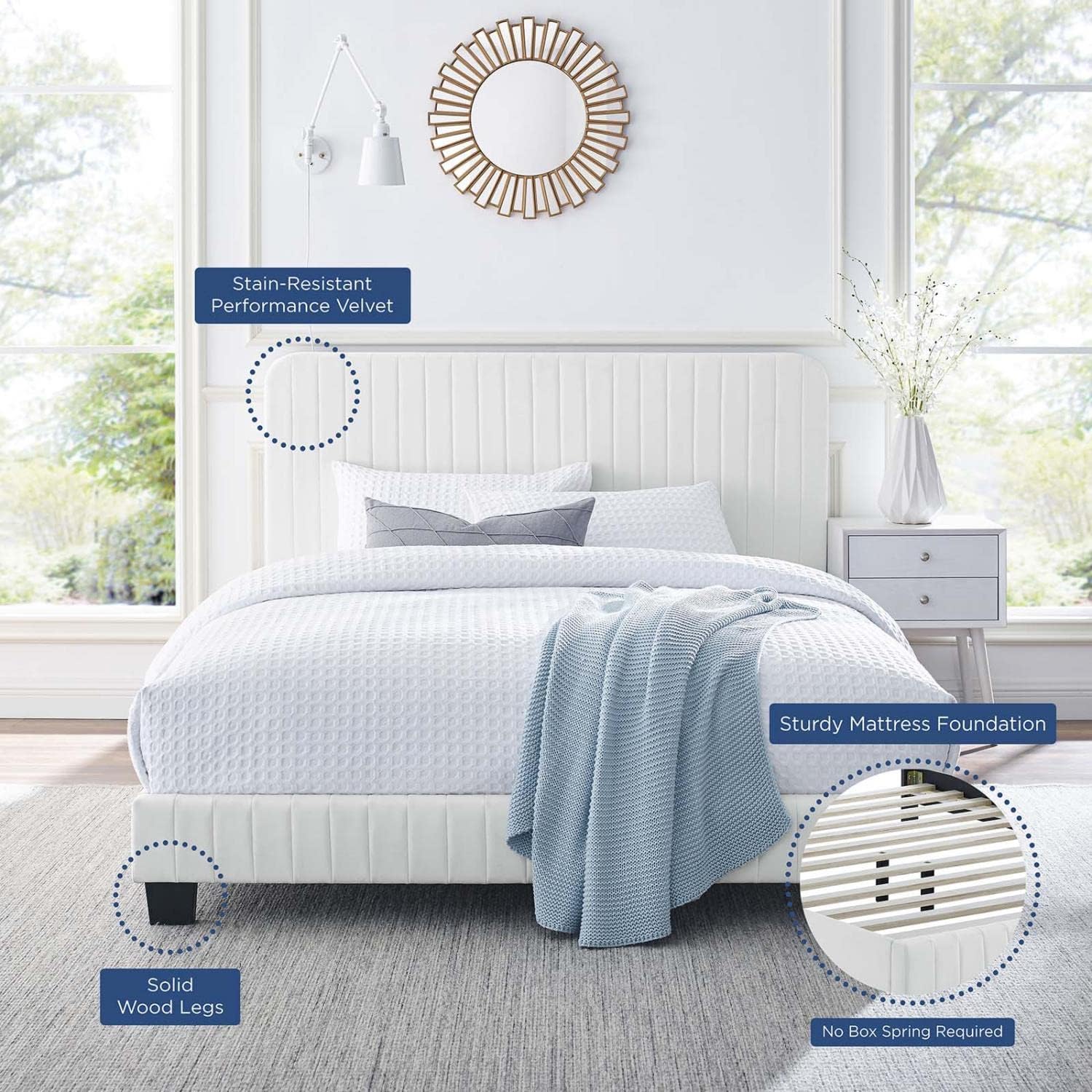 Modway Celine Channel – Cama con plataforma de terciopelo copetudo, tamaño Queen, color blanco