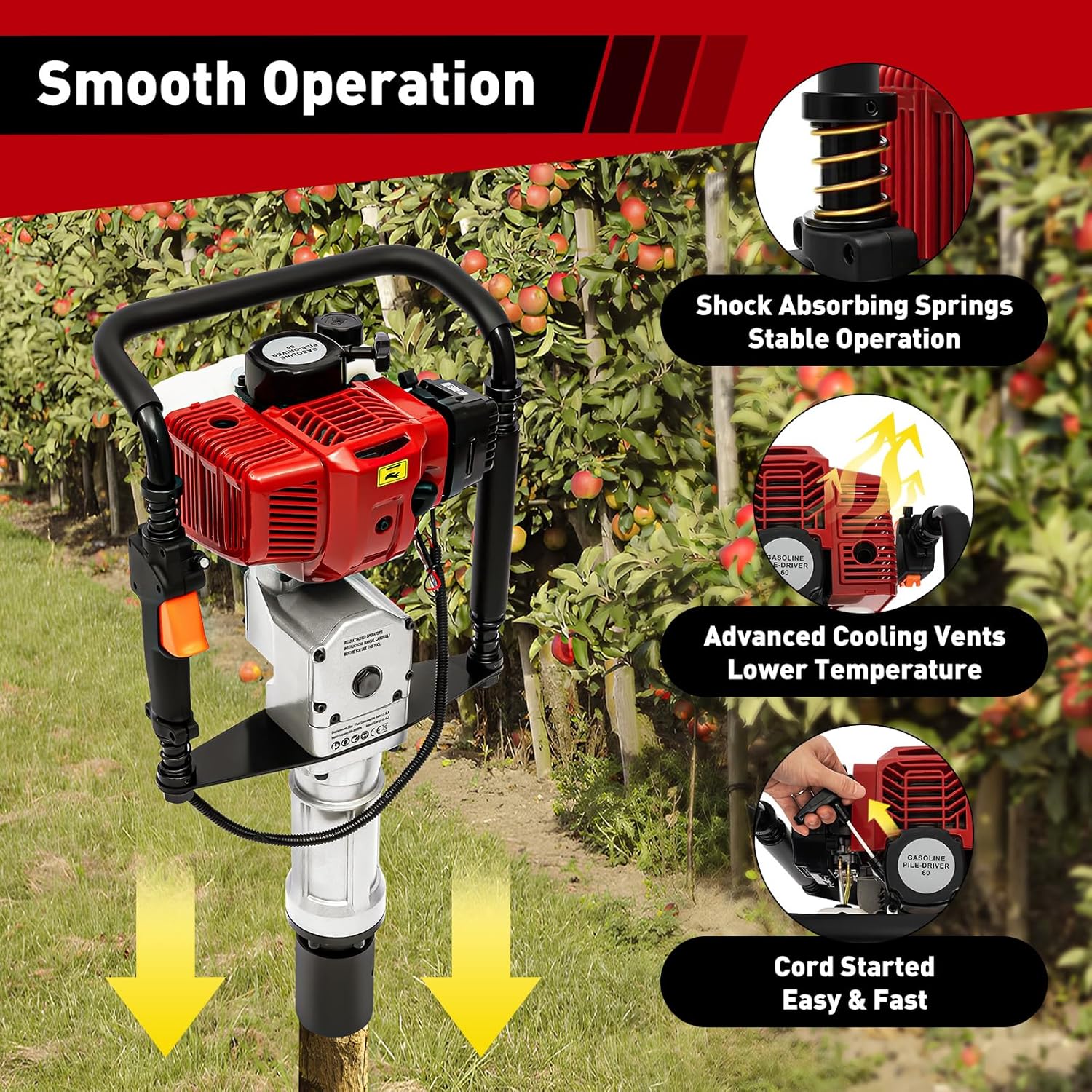 Conductor de poste en T accionado a gas, 52cc 2.3hp valla poste conductor, motor de gasolina pila conductor Jack Hammer 2.165 in 2.756 in, Dos