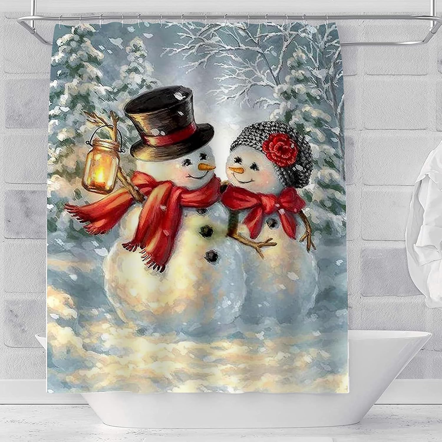 Juego de cortina de ducha de Navidad para decoración de baño, tela impermeable, lindo muñeco de nieve con temática de Papá Noel, cortinas de bañera