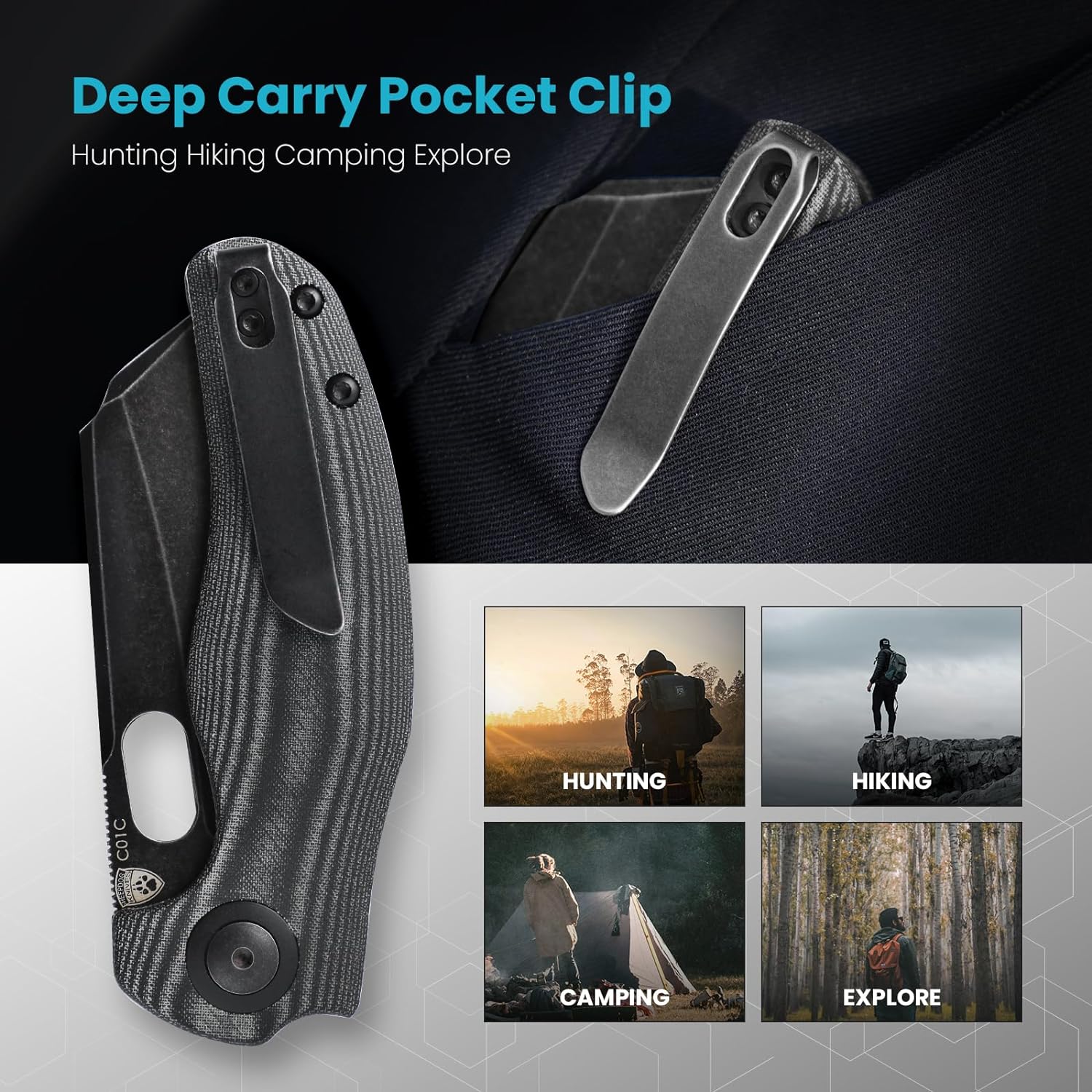 Kizer Cuchillos de bolsillo Sheepdog, cuchillo EDC con clip (negro)