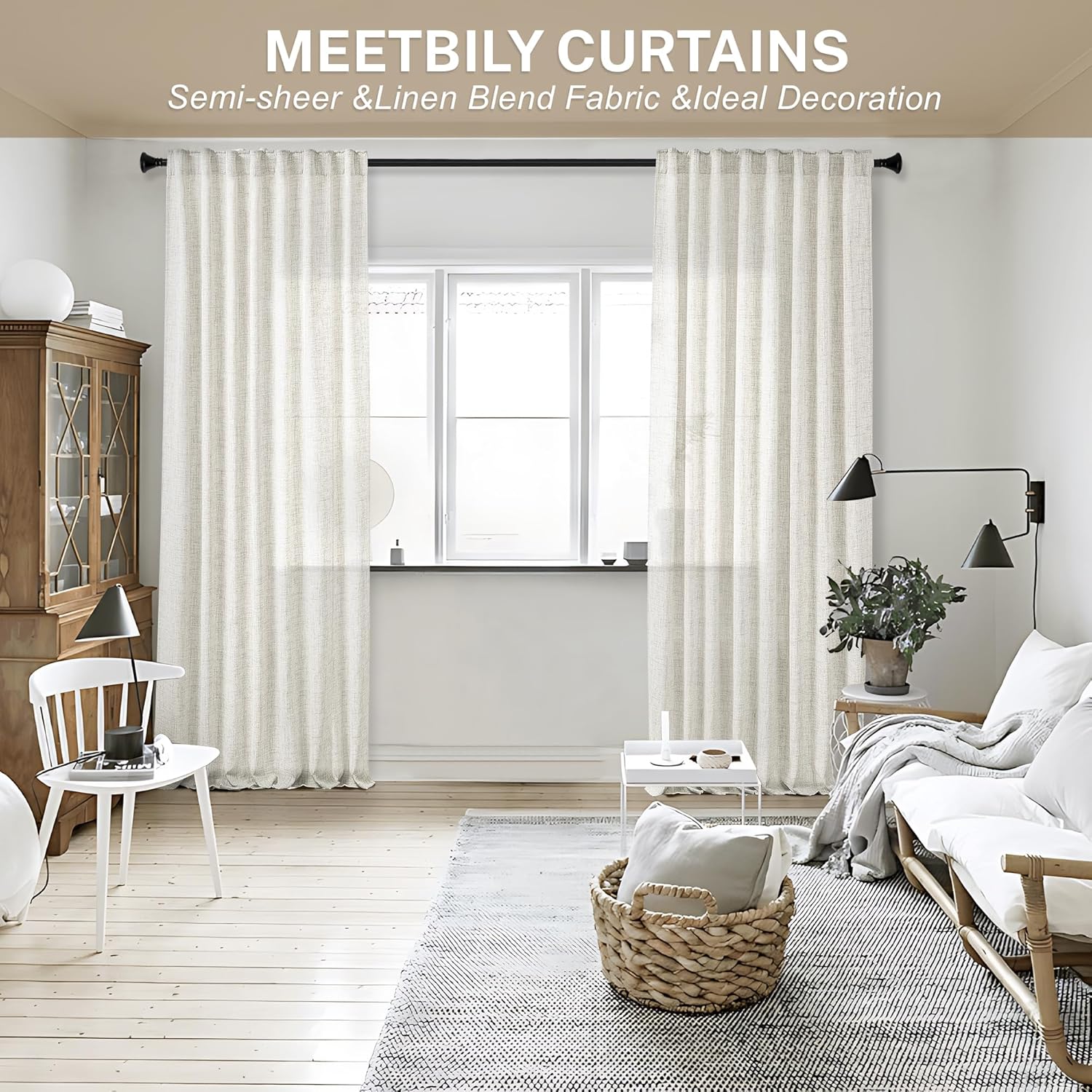 MEETBILY Cortinas traslúcidas de lino natural de 102 pulgadas de largo para sala de estar, juego de 2 paneles con bolsillo con pestaña trasera,