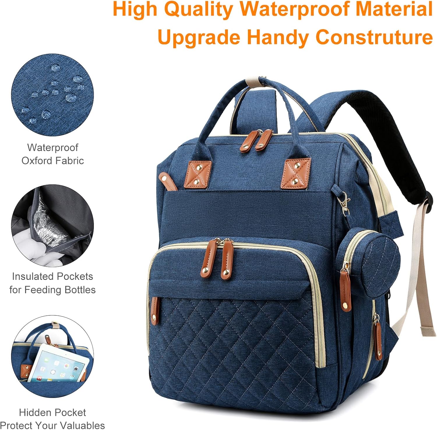 Mochila para pañales para bebé con cambiador, bolsas impermeables para niños y niñas, Azul, Multifunción